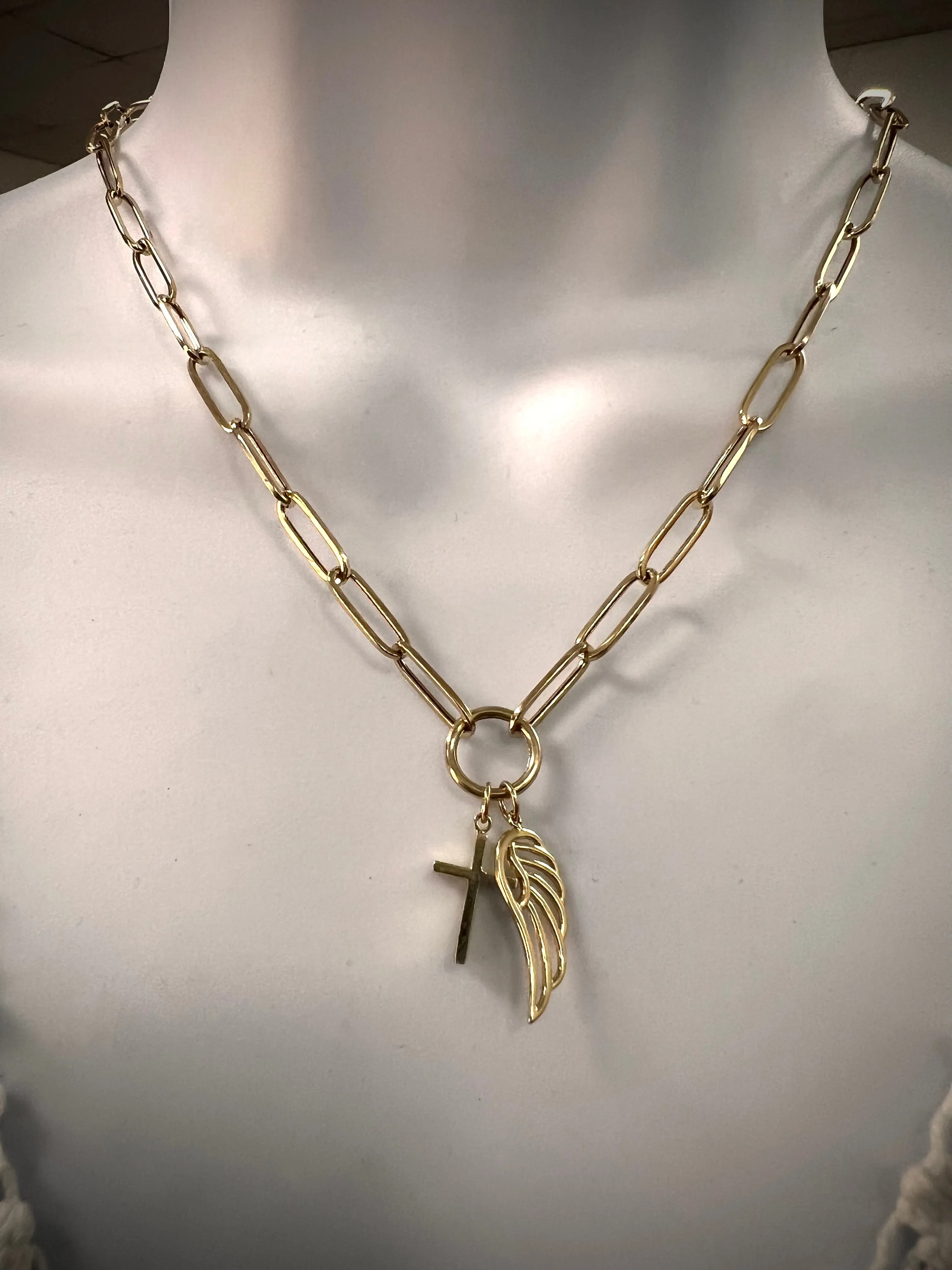 10k Yellow gold paperclip wings and cross necklace