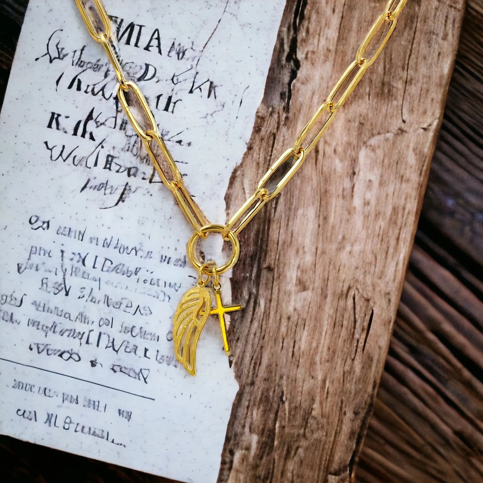 10k Yellow gold paperclip wings and cross necklace