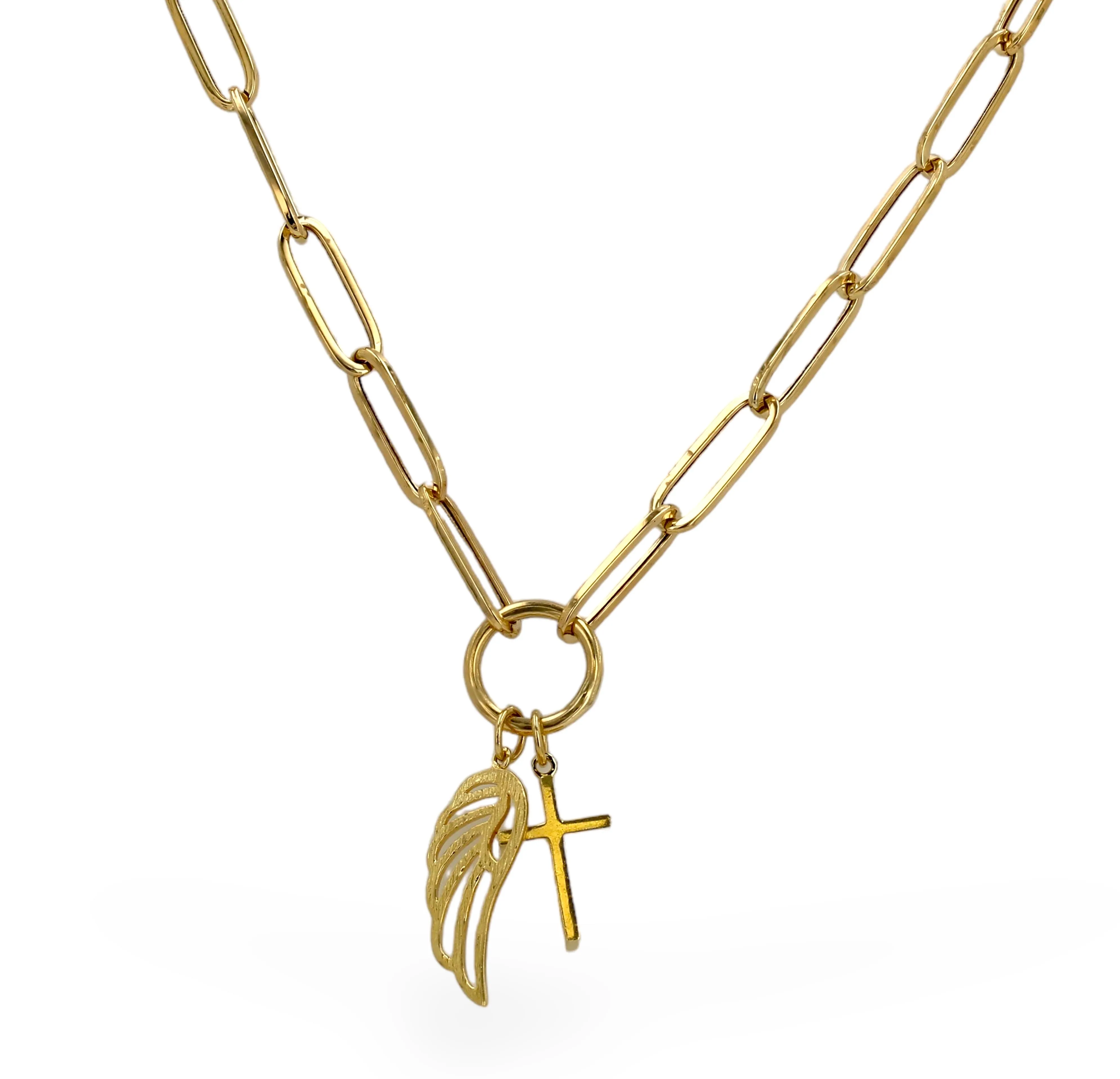 10k Yellow gold paperclip wings and cross necklace