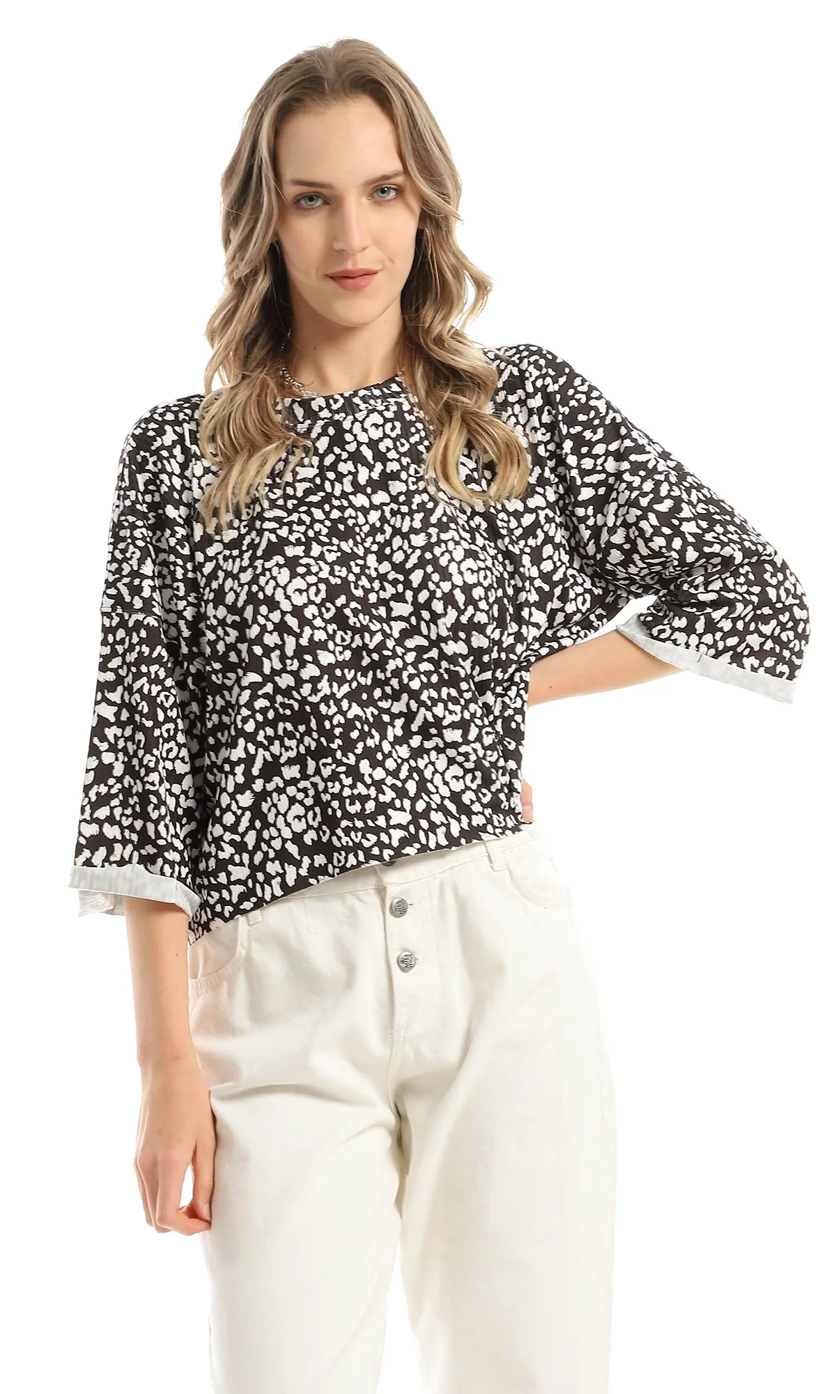 98227 Bi-Tone Patterned Elbow Loose Top - Black & White