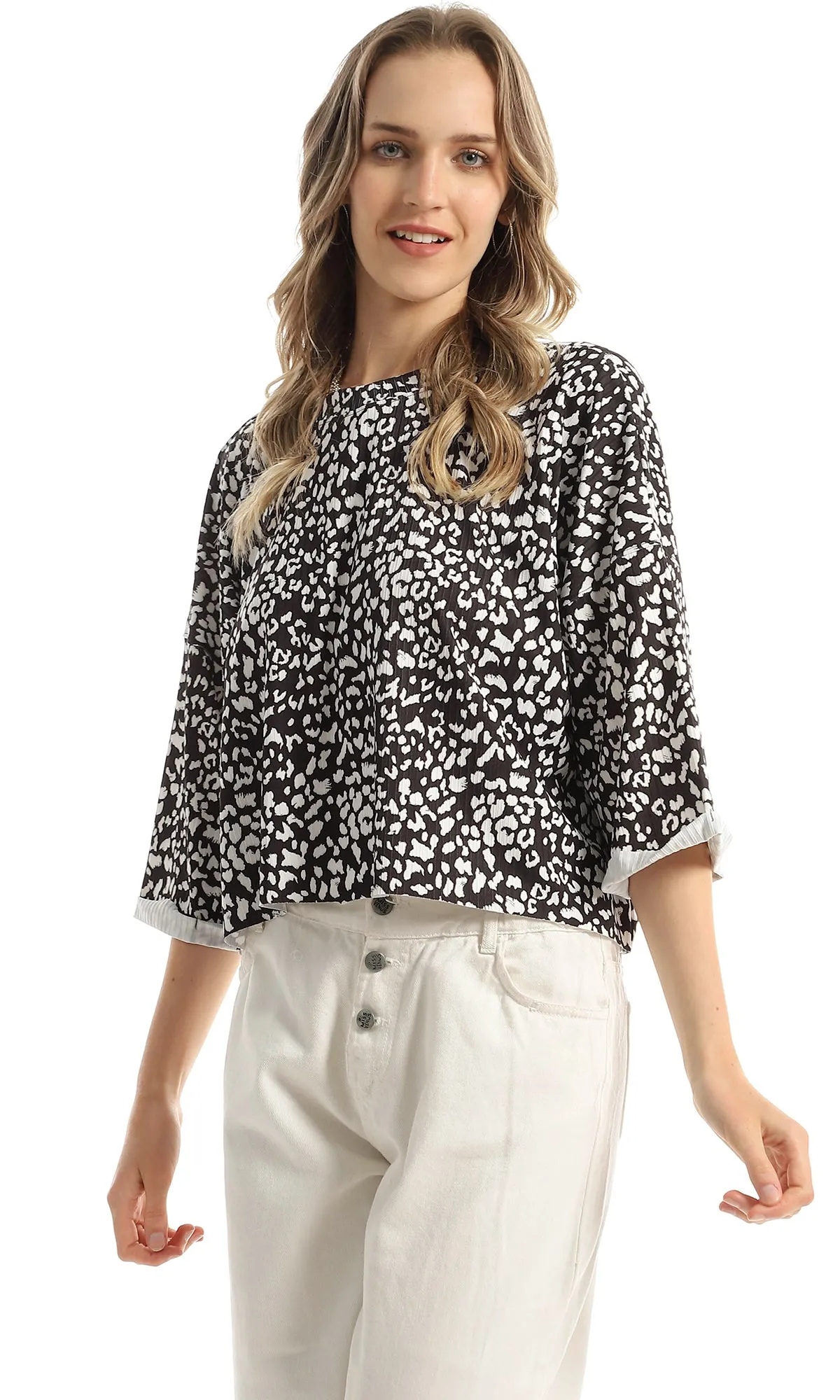 98227 Bi-Tone Patterned Elbow Loose Top - Black & White