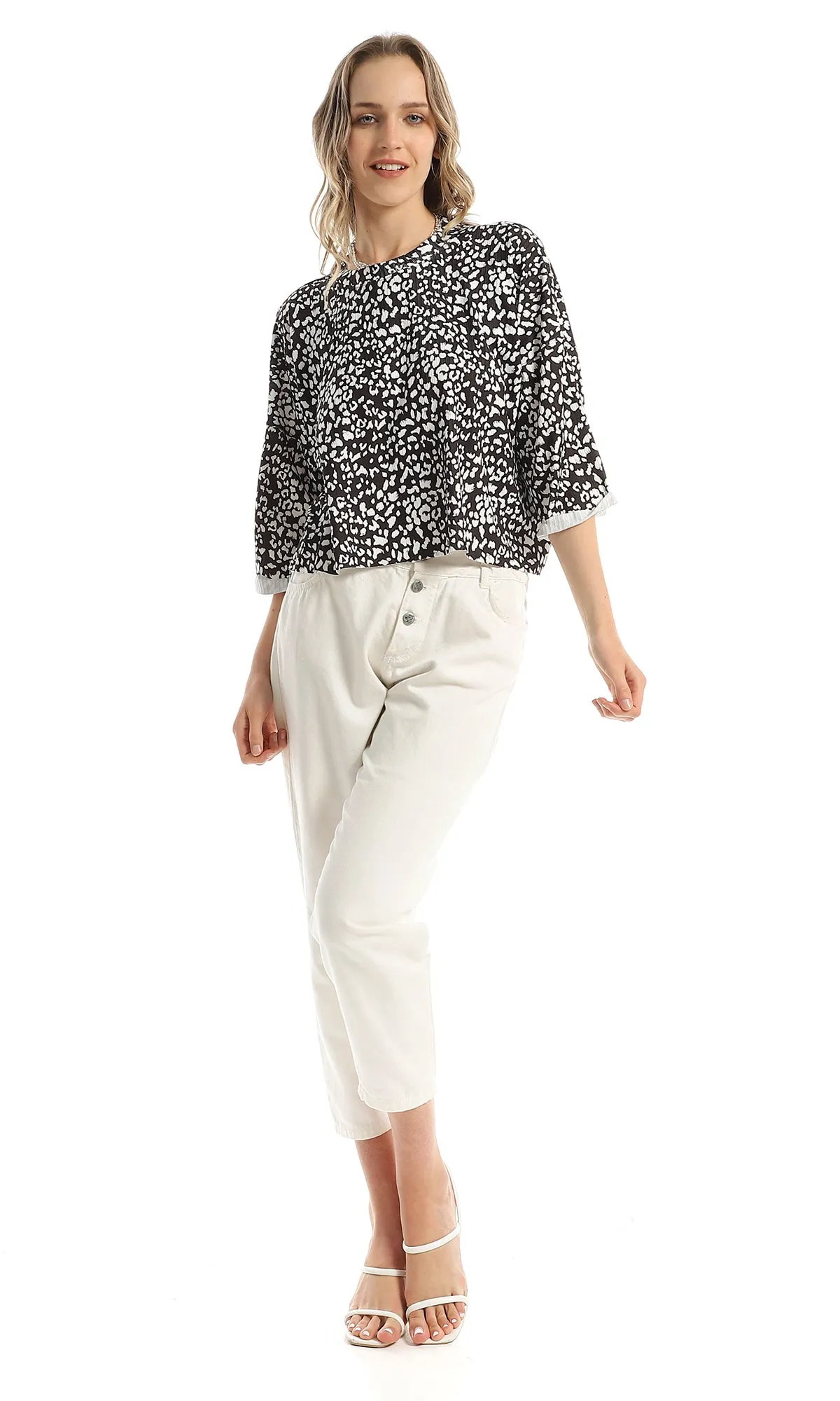 98227 Bi-Tone Patterned Elbow Loose Top - Black & White