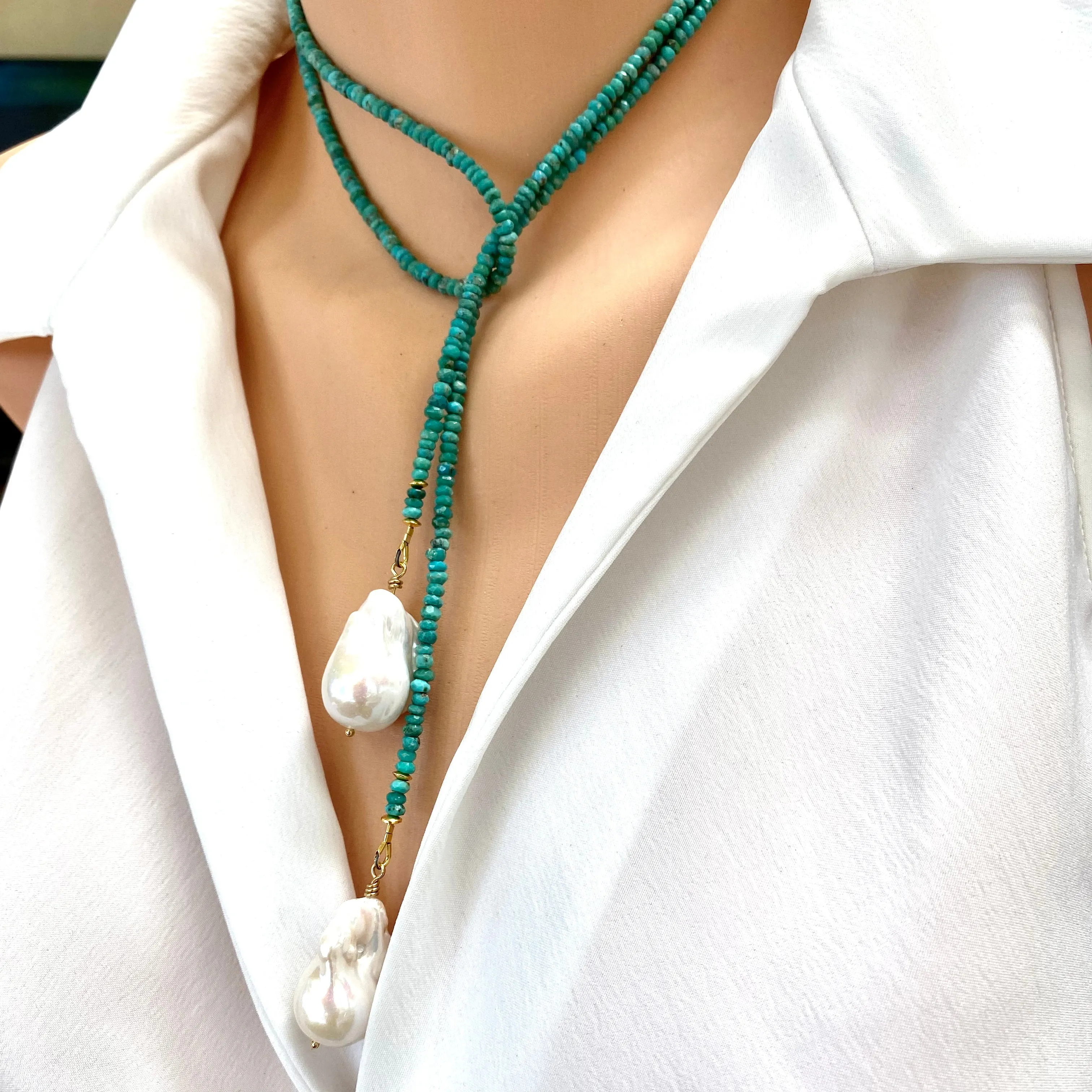 Arizona Turquoise & Two Baroque Pearls Lariat Wrap Necklace, December Birthstone, Gold Plated silver, 37In