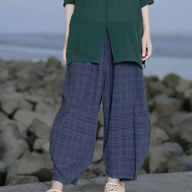 BABAKUD Summer Retro Cotton Linen Plaid Casual Comfortable Pants