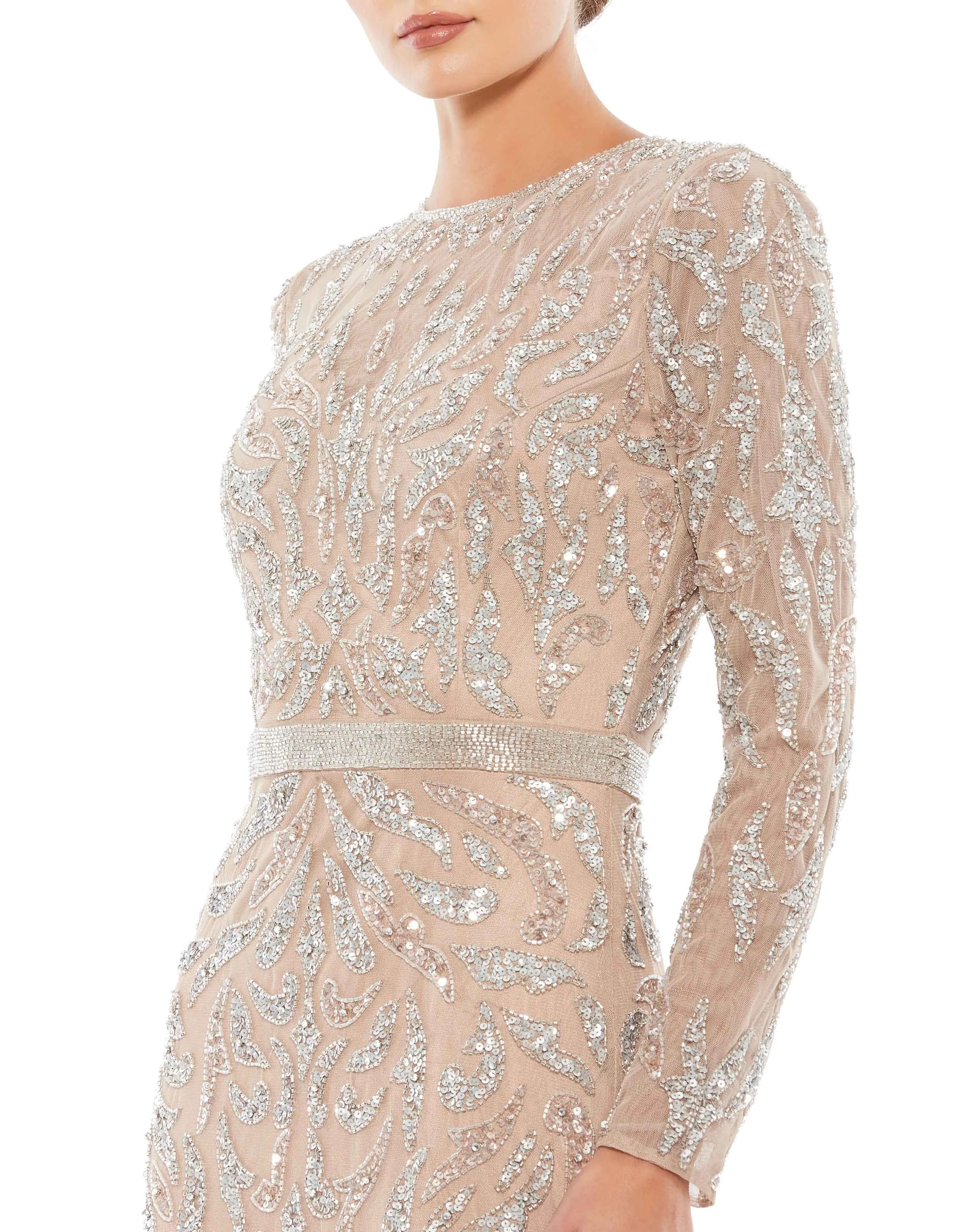 Beaded Long Sleeve Evening Gown