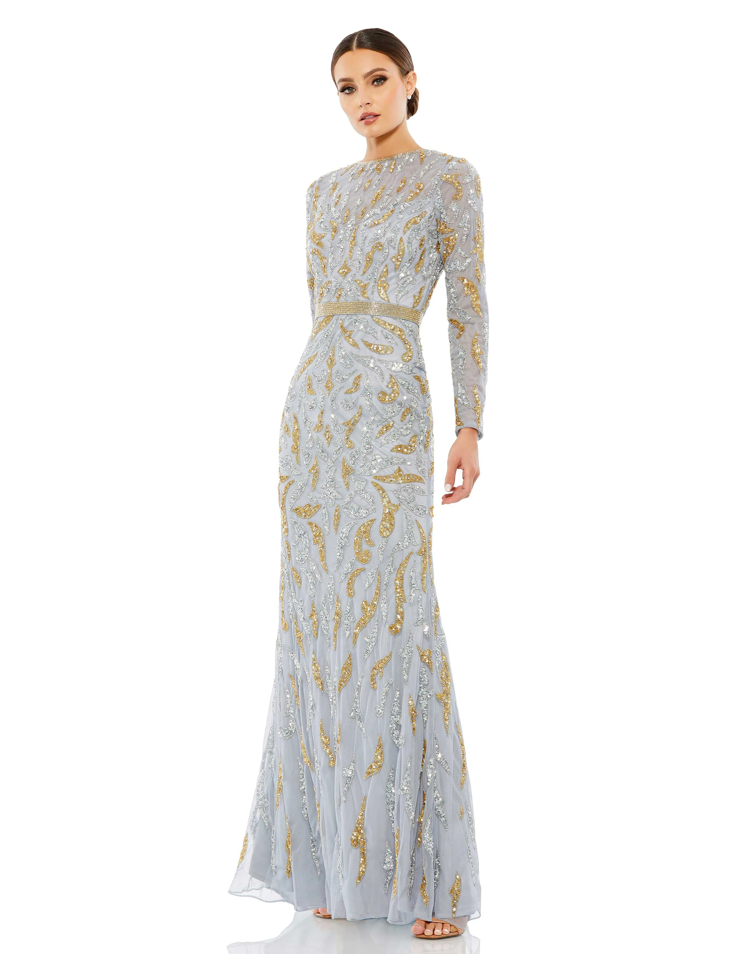 Beaded Long Sleeve Evening Gown