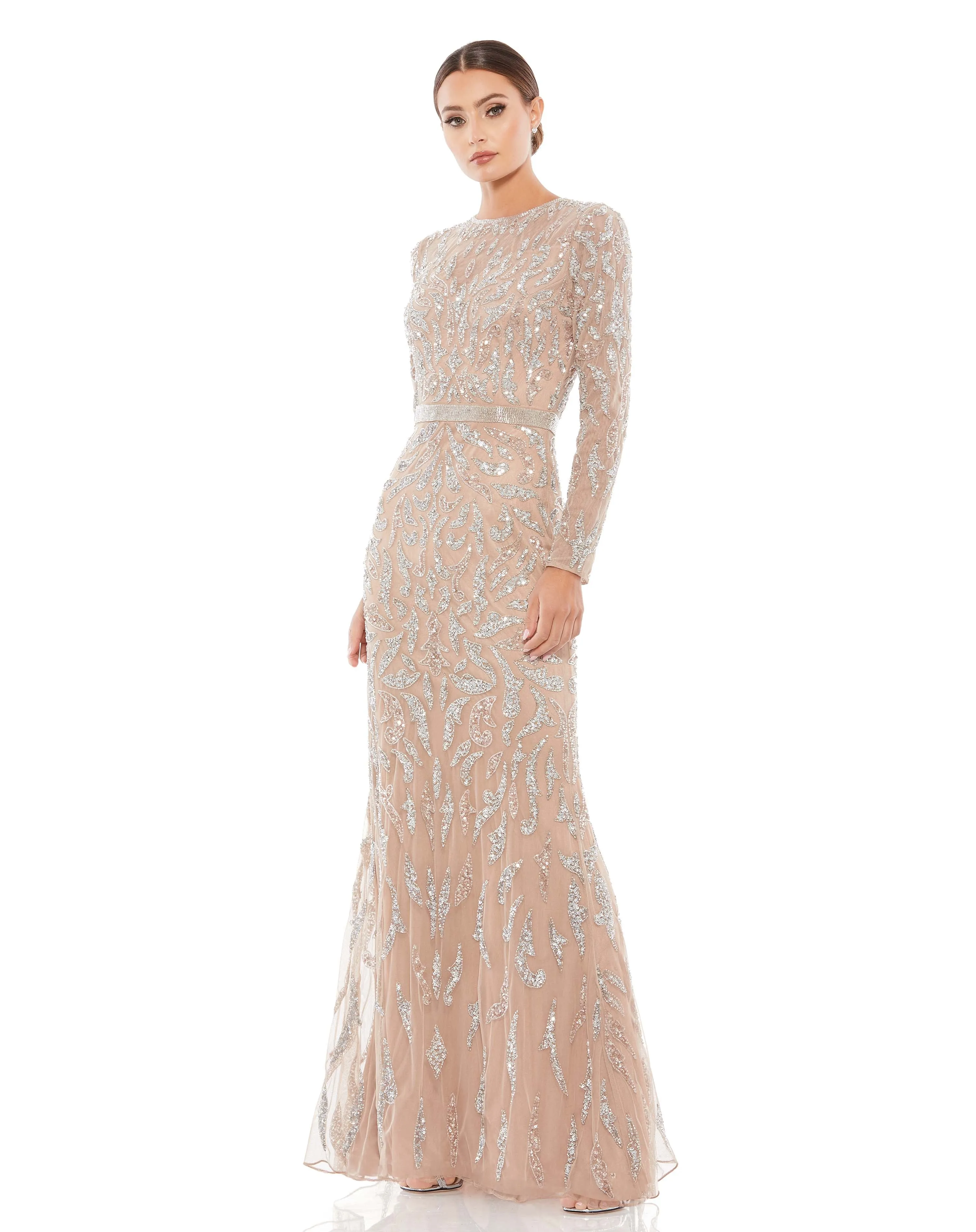 Beaded Long Sleeve Evening Gown