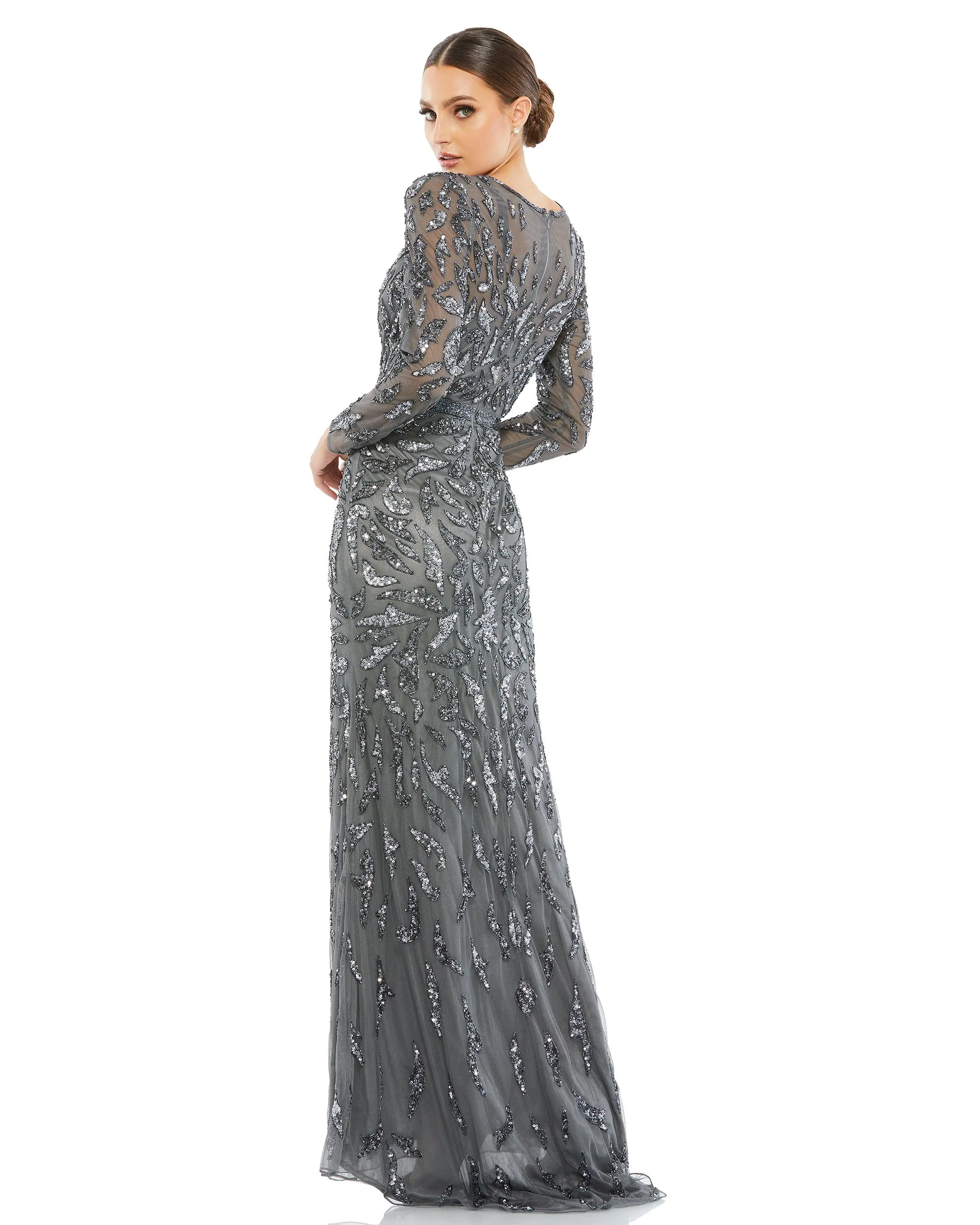 Beaded Long Sleeve Evening Gown