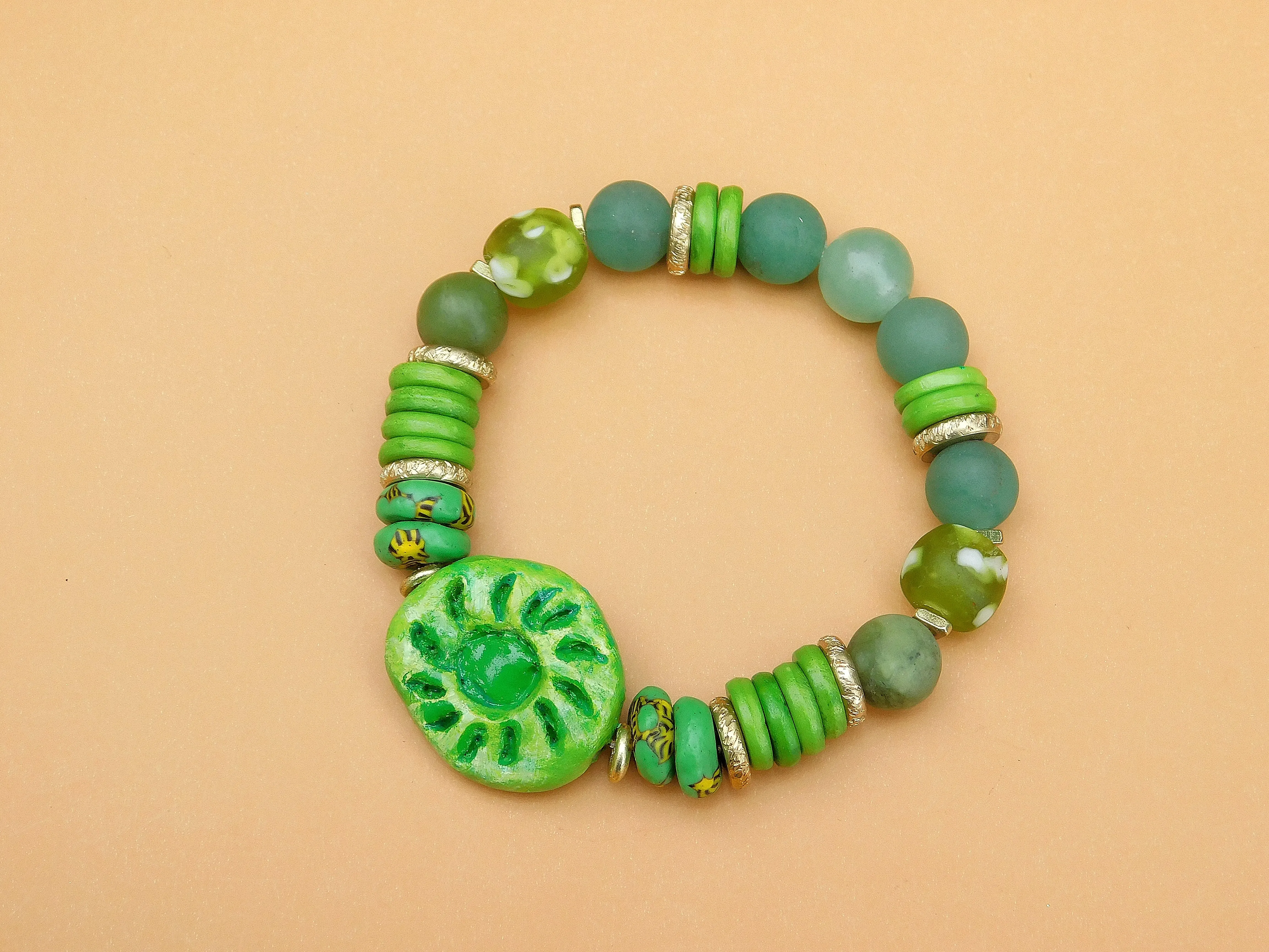 Beautiful Green Bracelet w/ QuickCure Clay Focal