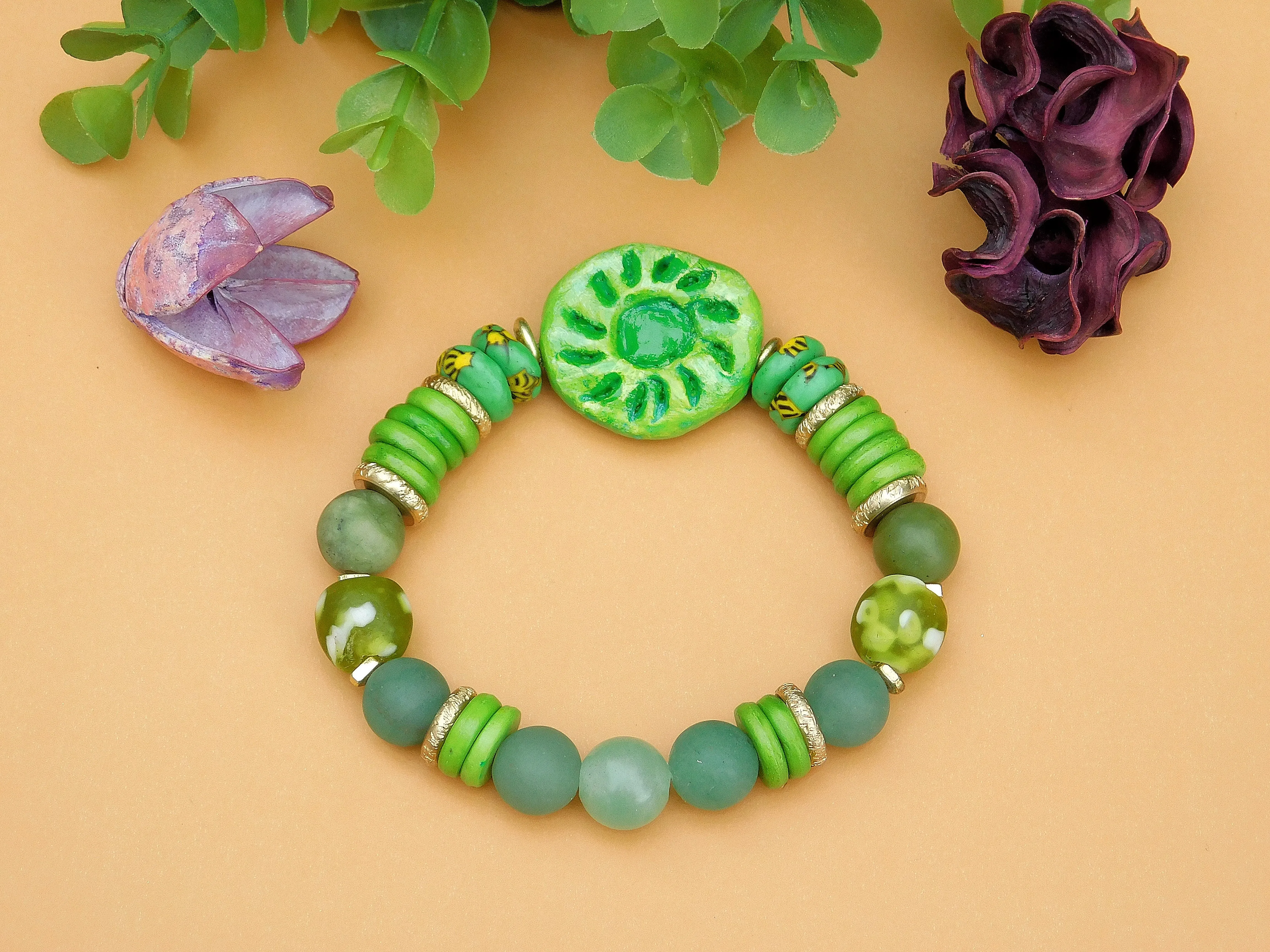 Beautiful Green Bracelet w/ QuickCure Clay Focal