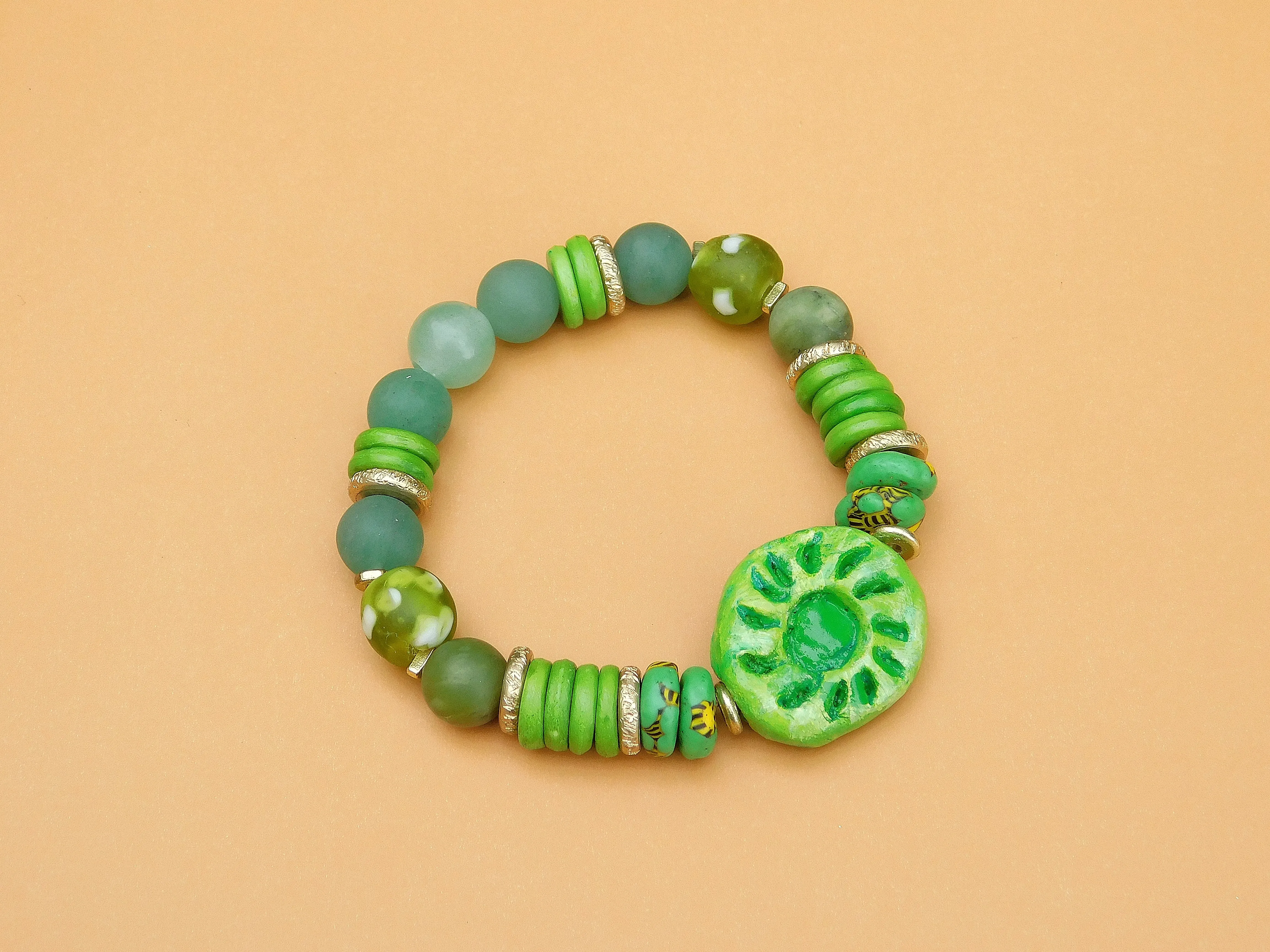 Beautiful Green Bracelet w/ QuickCure Clay Focal