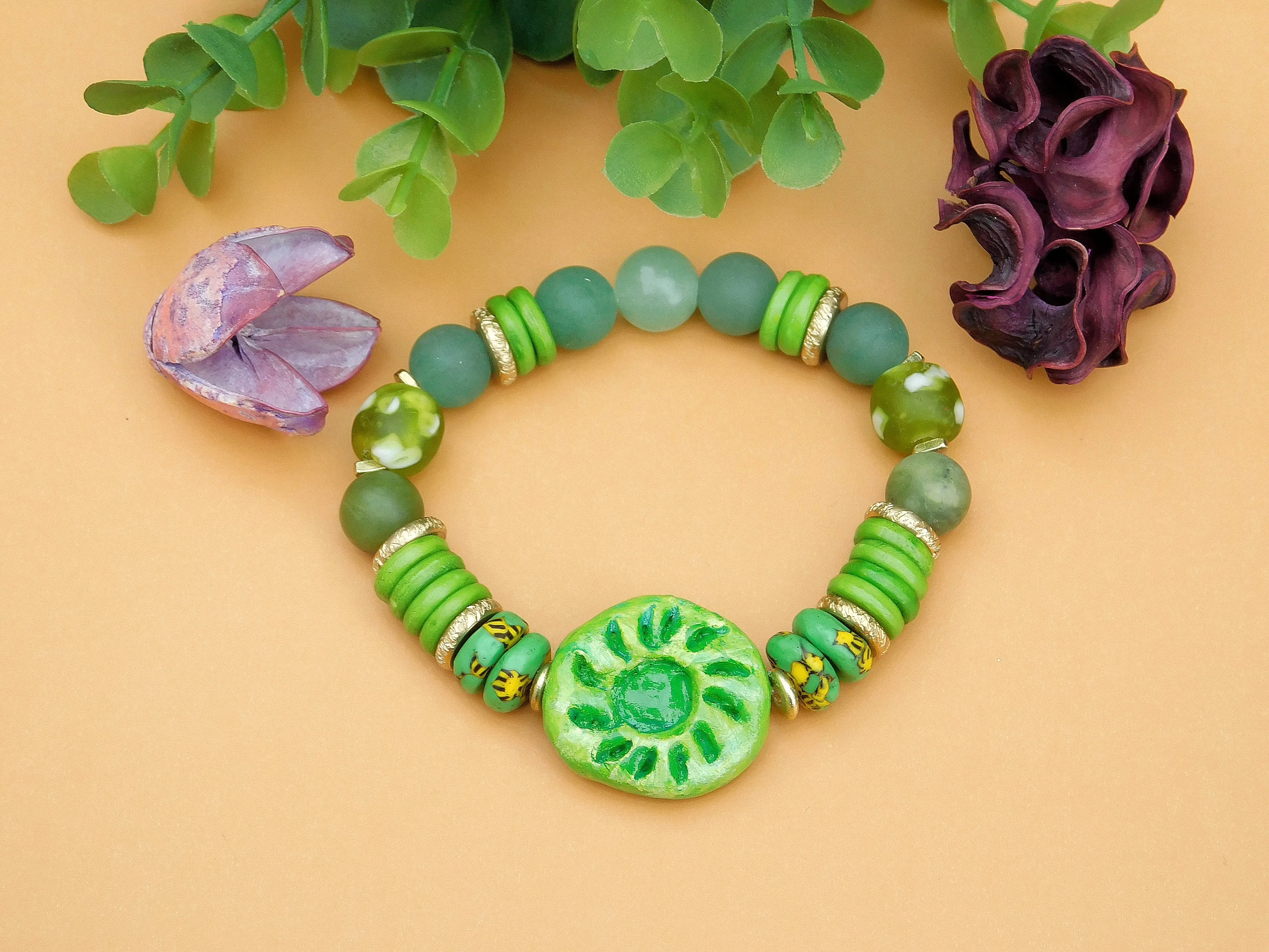 Beautiful Green Bracelet w/ QuickCure Clay Focal