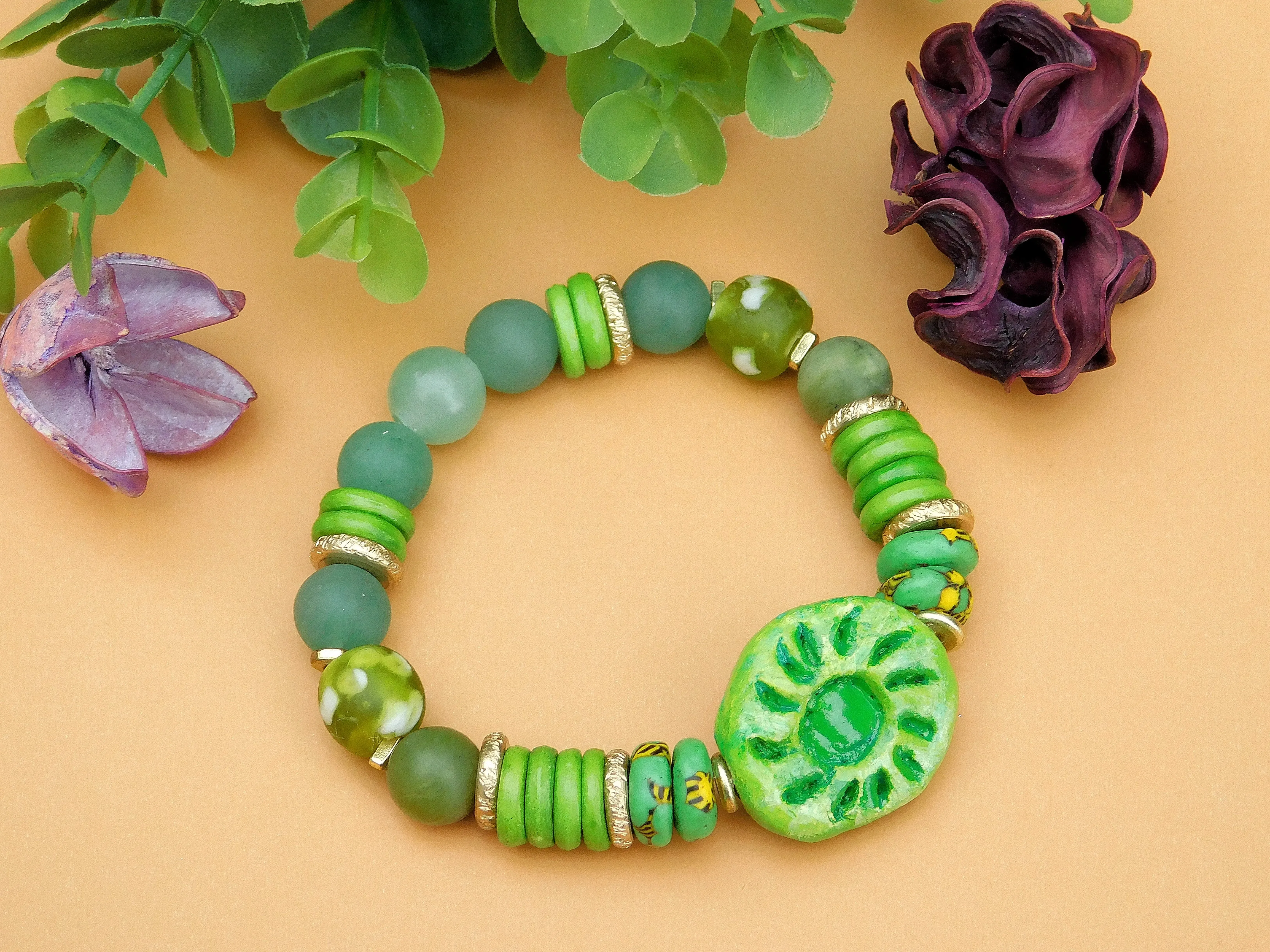 Beautiful Green Bracelet w/ QuickCure Clay Focal