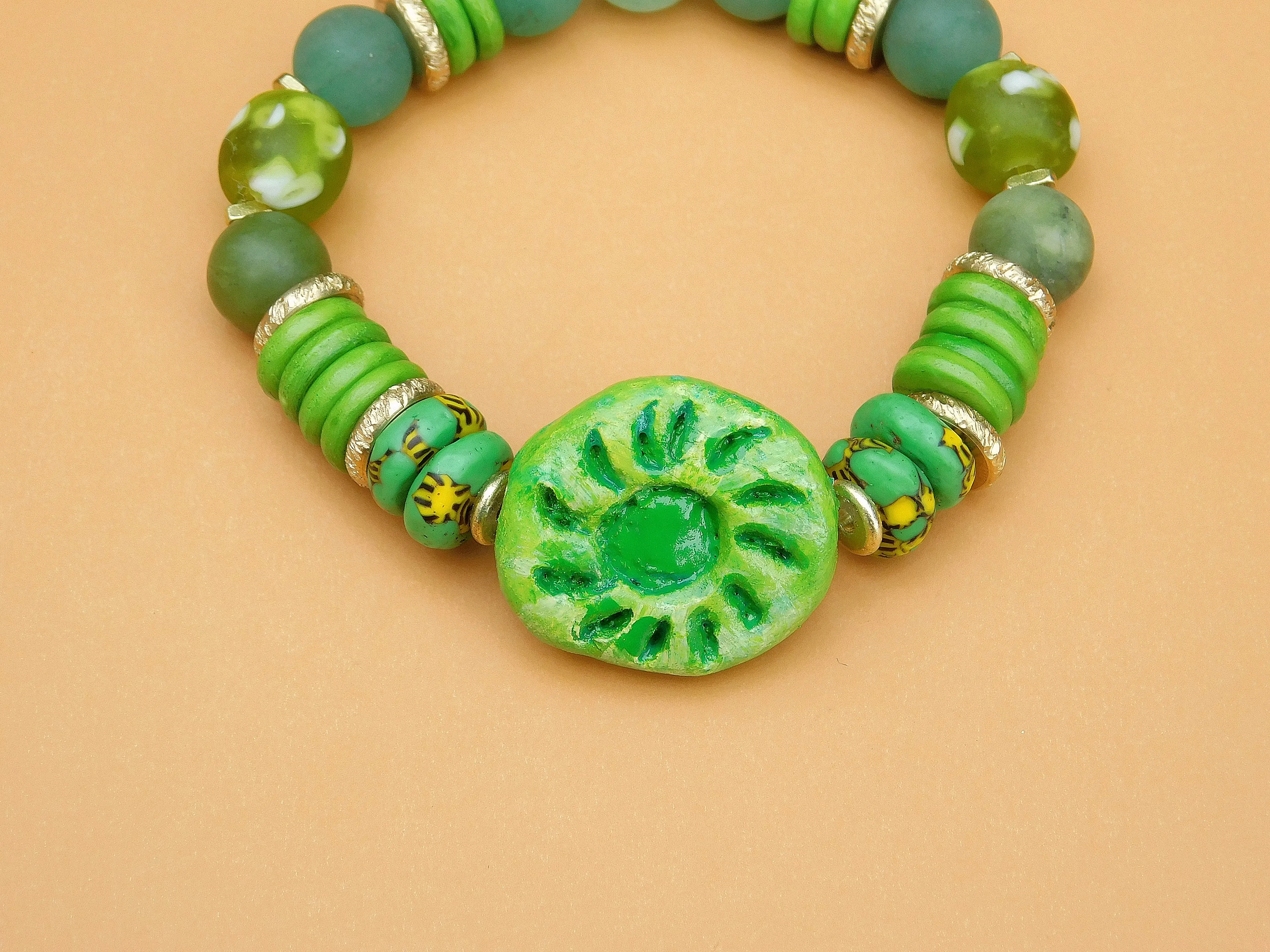 Beautiful Green Bracelet w/ QuickCure Clay Focal