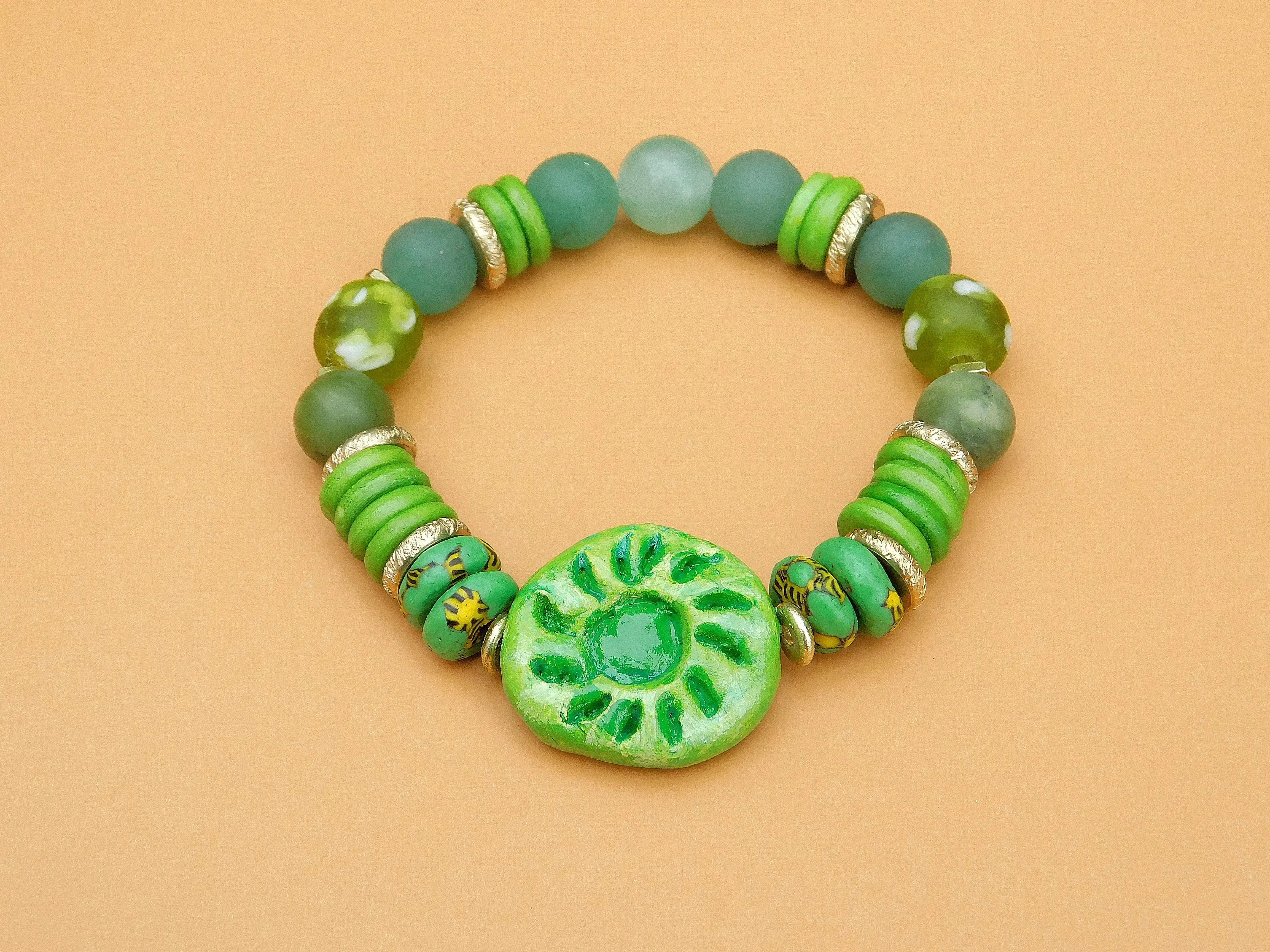 Beautiful Green Bracelet w/ QuickCure Clay Focal