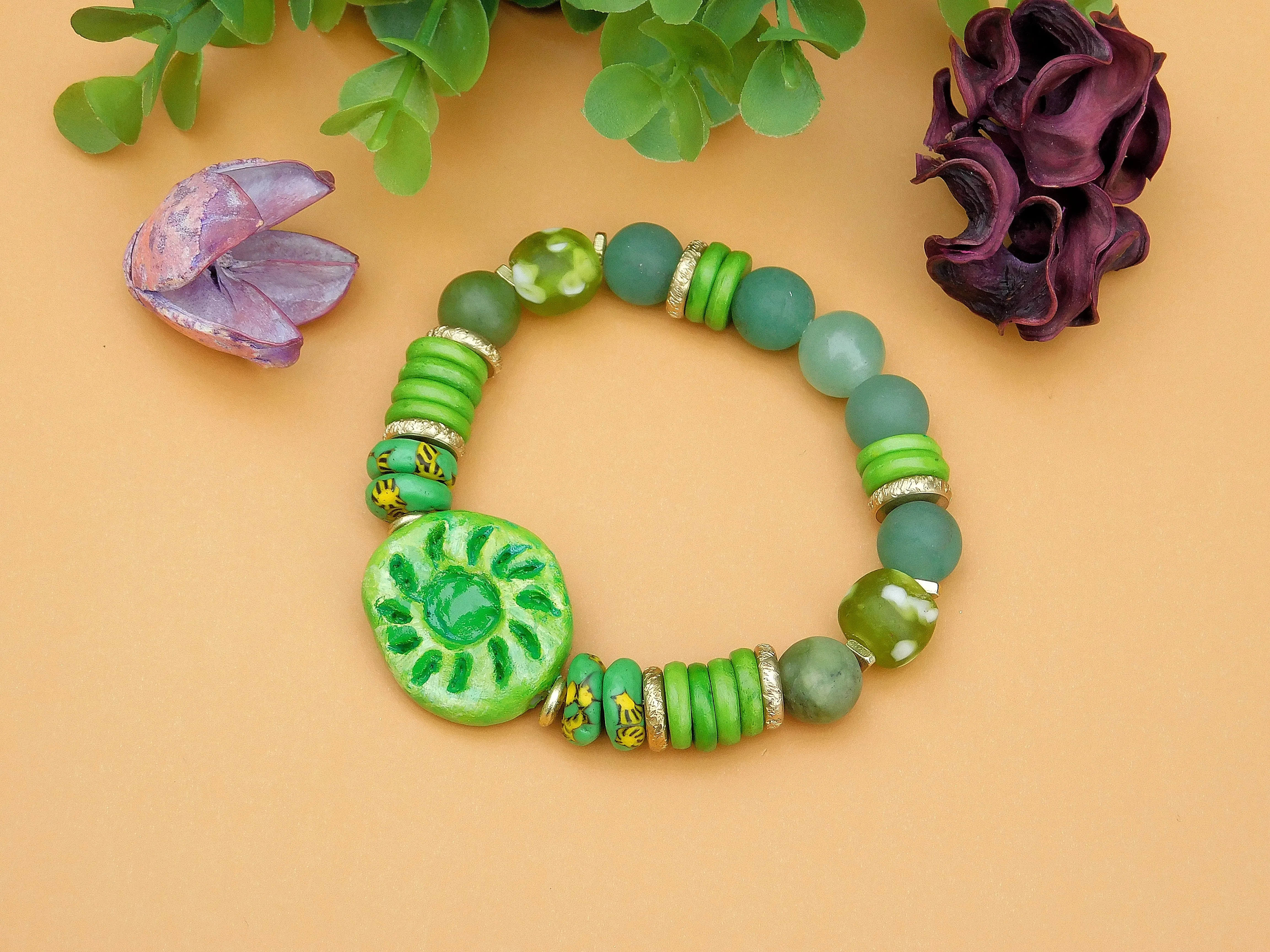 Beautiful Green Bracelet w/ QuickCure Clay Focal