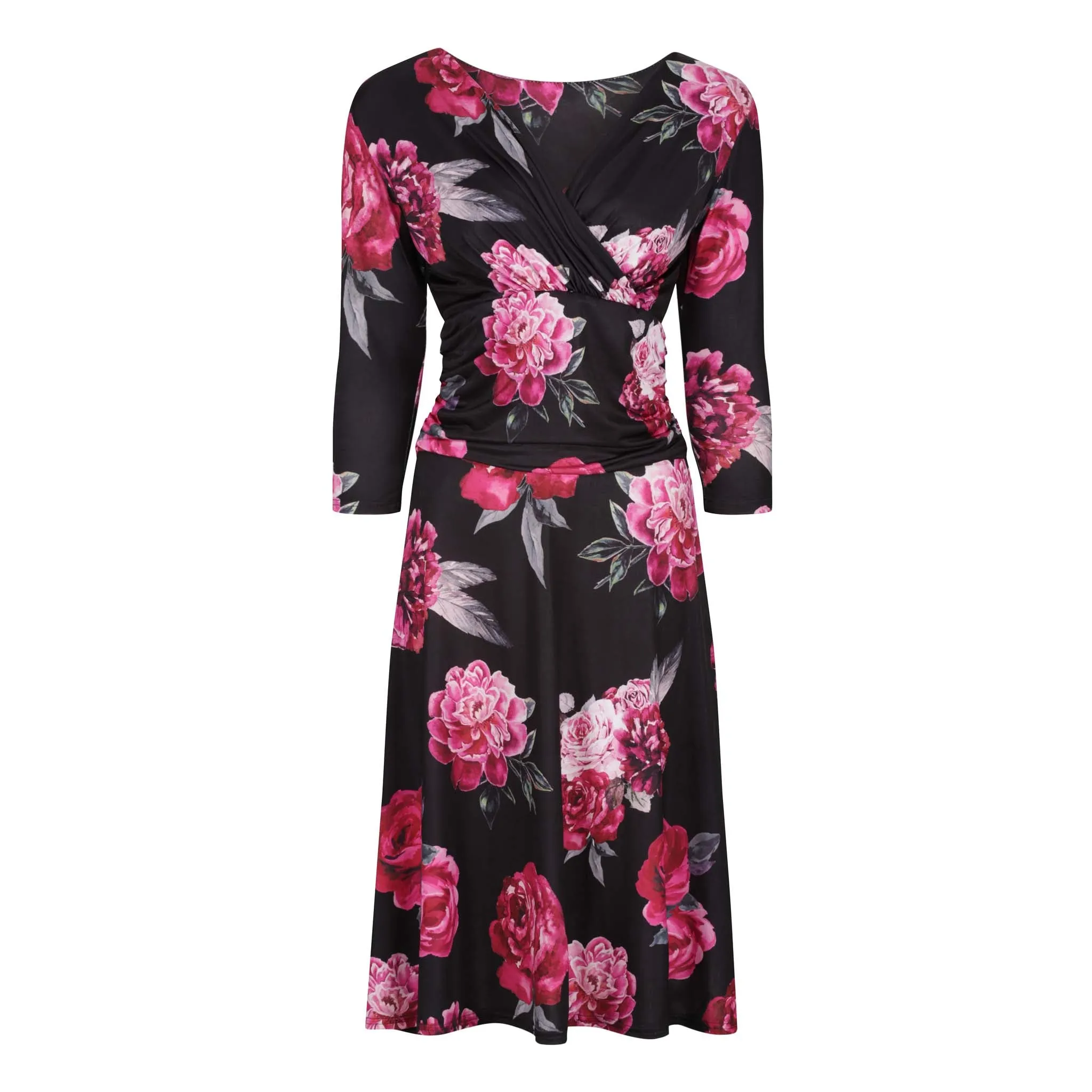 Black And Pink Floral Print Long Sleeve Wrap Effect Tea Dress