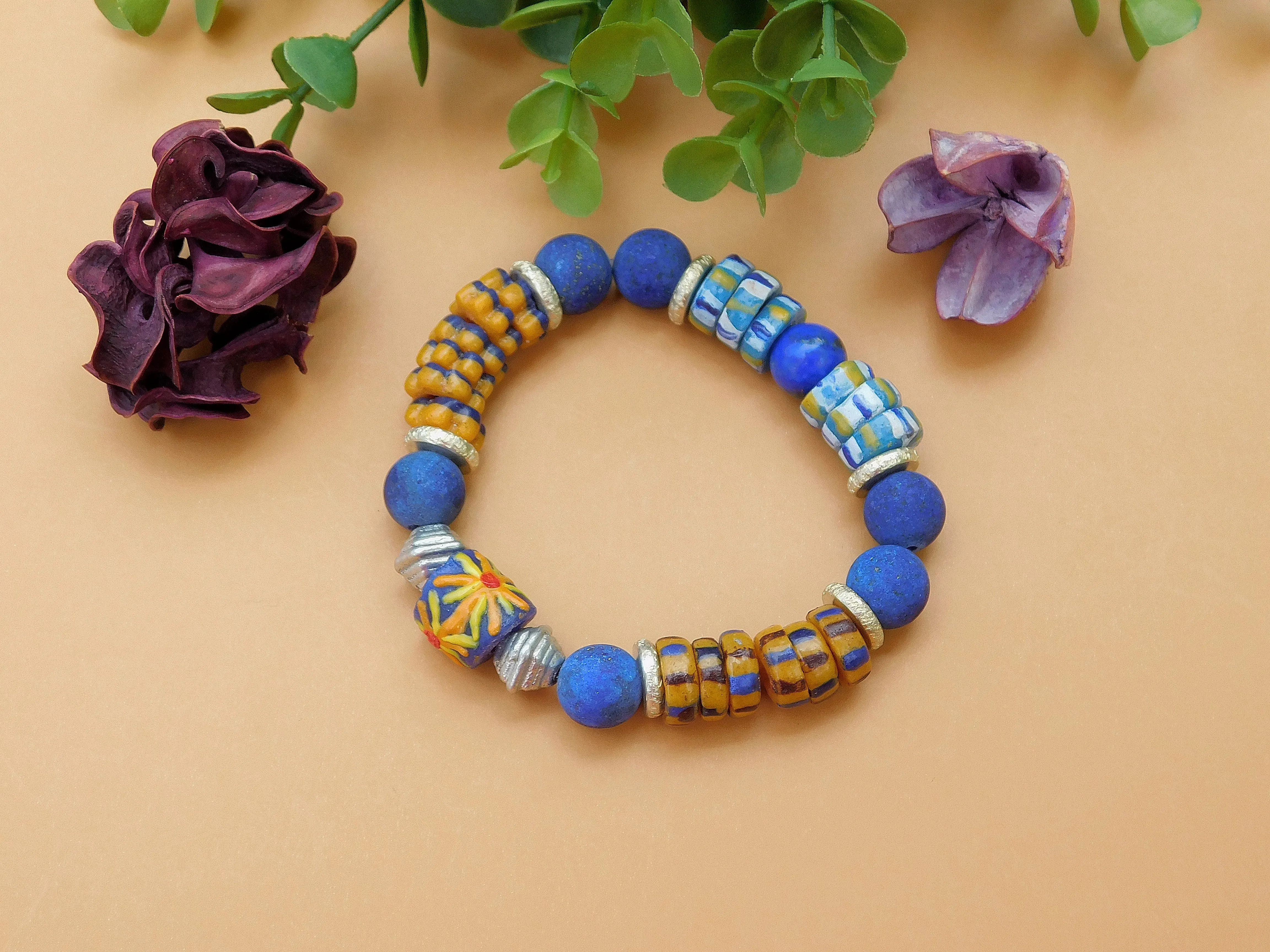 Blue Lapis and Colorful African Sandcast Bracelet