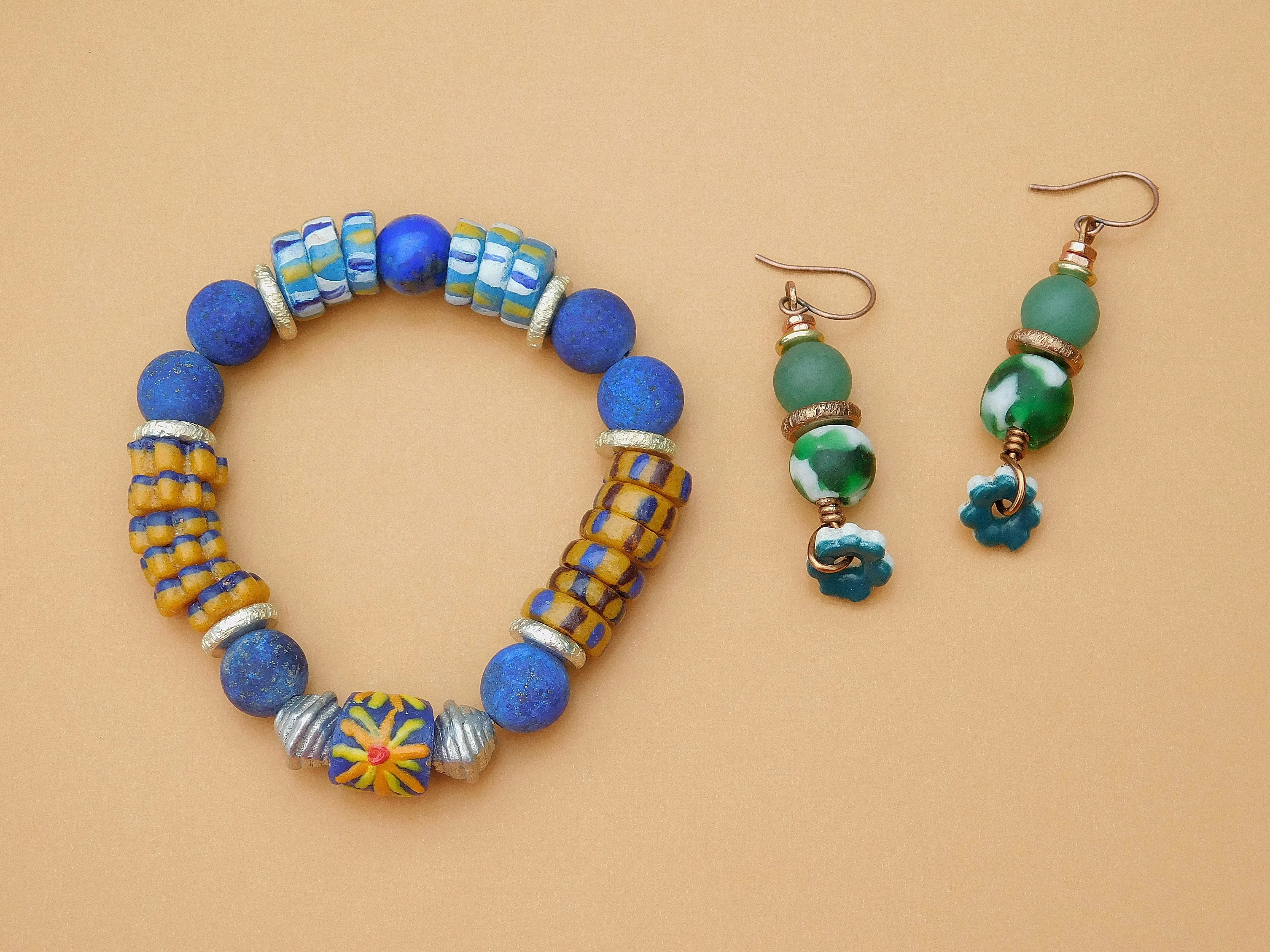 Blue Lapis and Colorful African Sandcast Bracelet