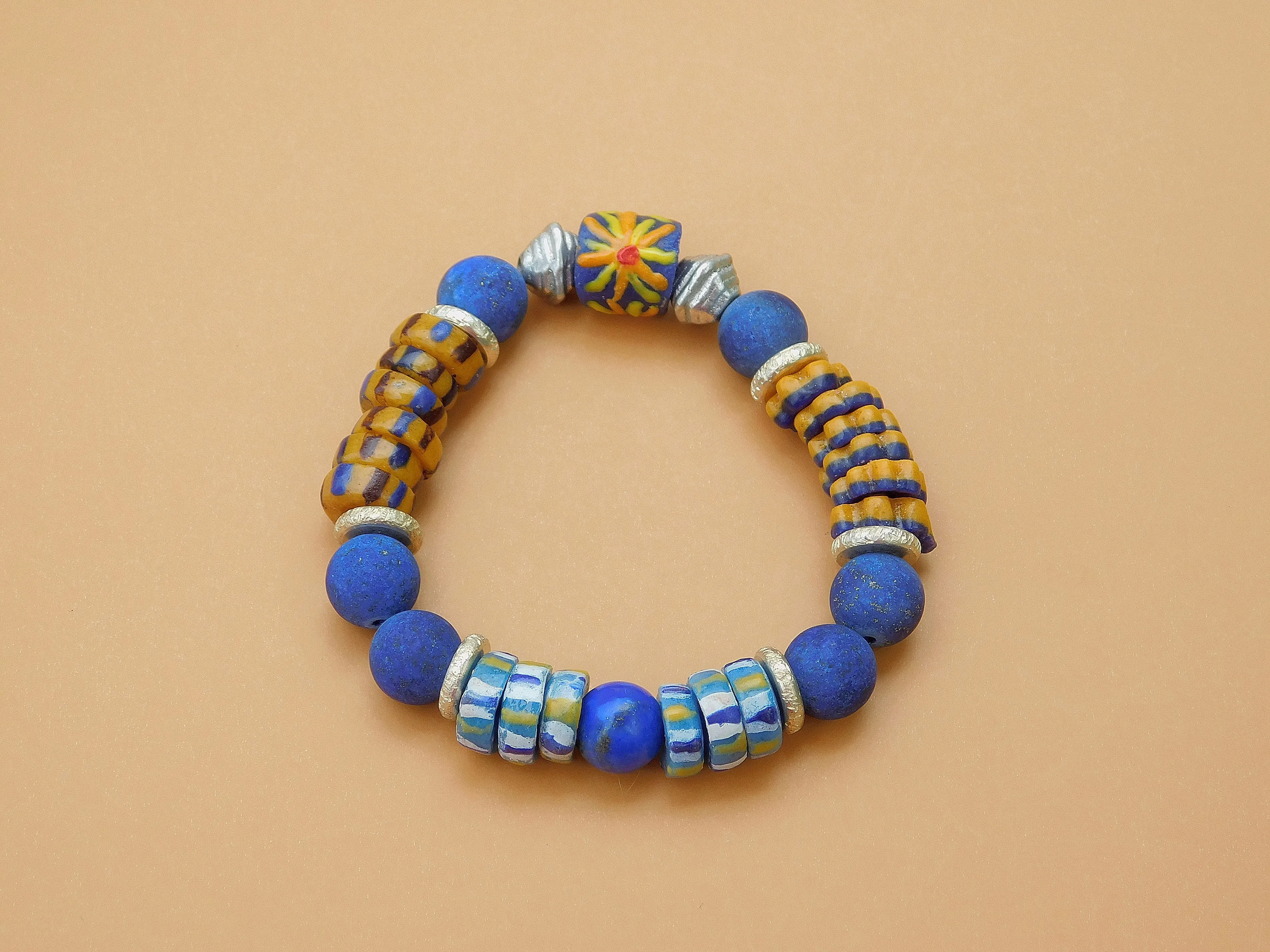 Blue Lapis and Colorful African Sandcast Bracelet