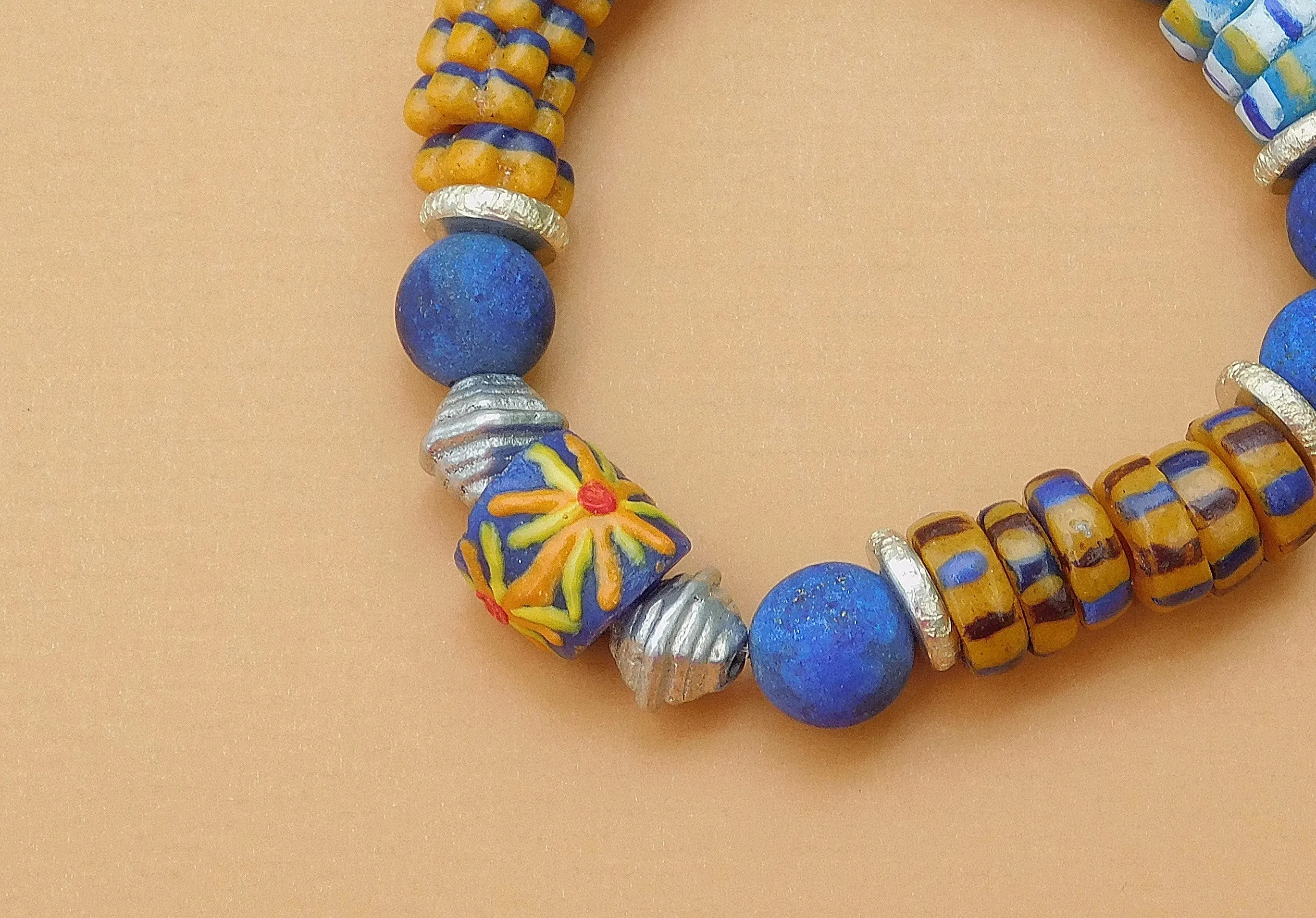 Blue Lapis and Colorful African Sandcast Bracelet