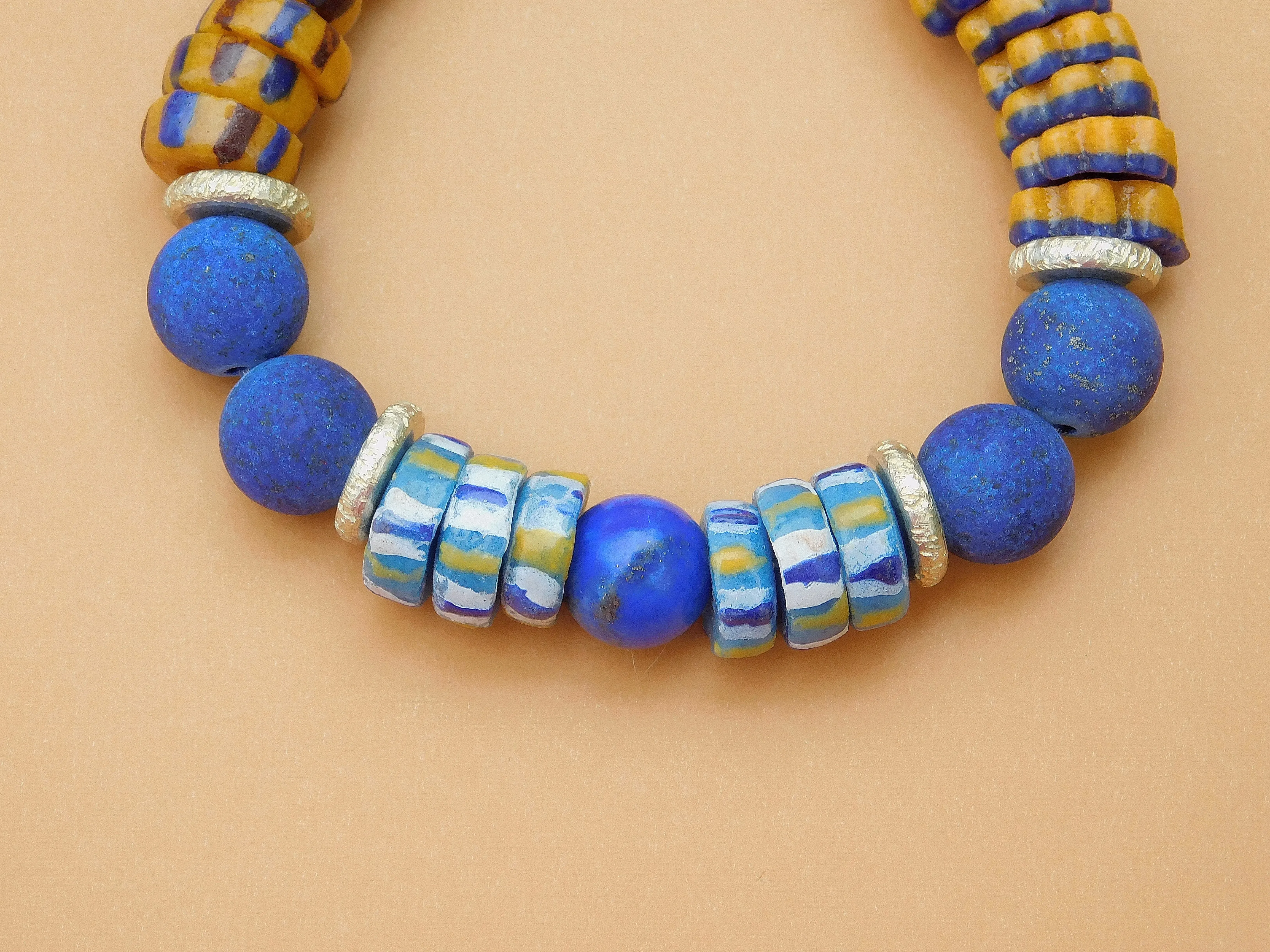 Blue Lapis and Colorful African Sandcast Bracelet