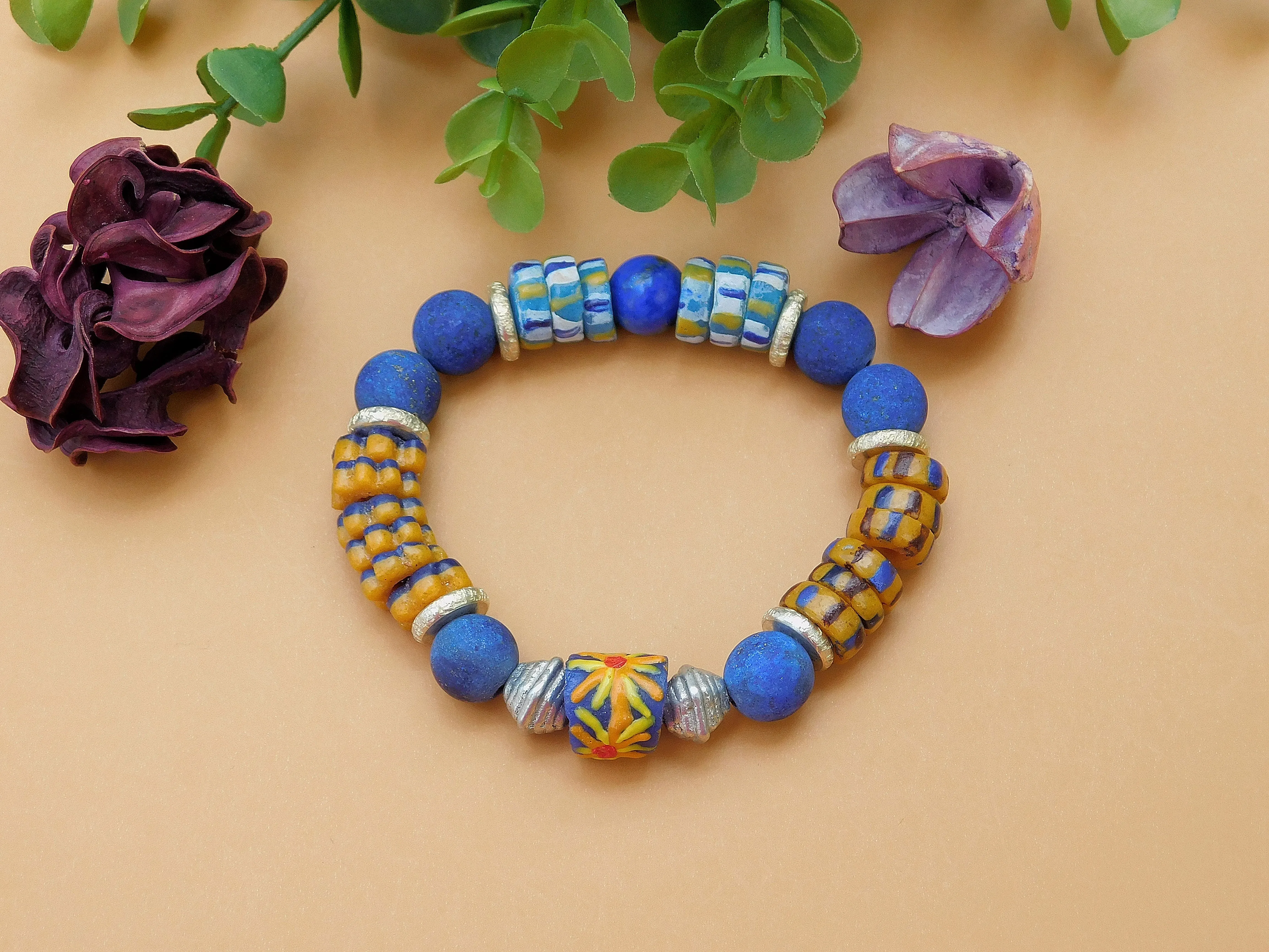 Blue Lapis and Colorful African Sandcast Bracelet