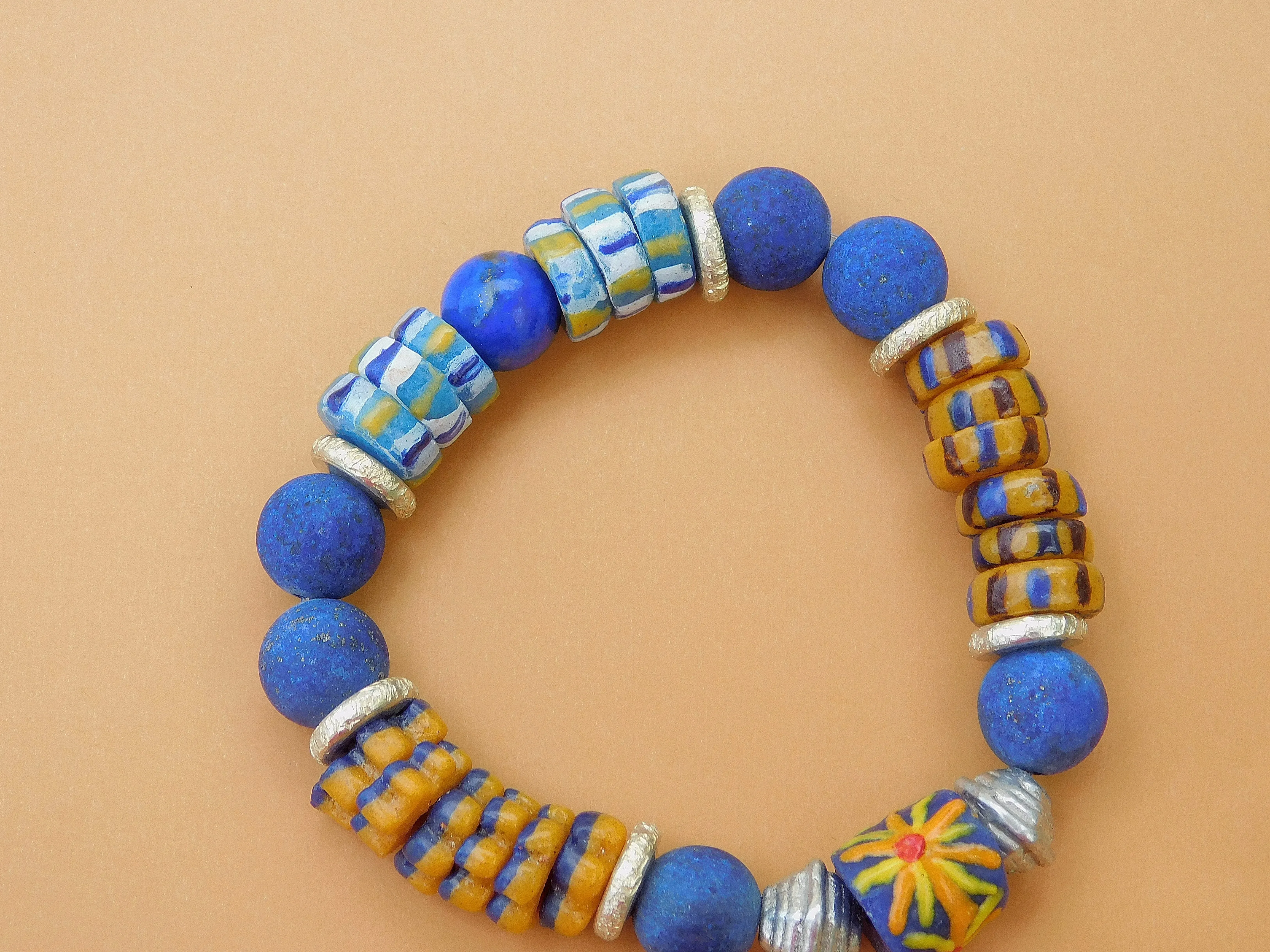 Blue Lapis and Colorful African Sandcast Bracelet