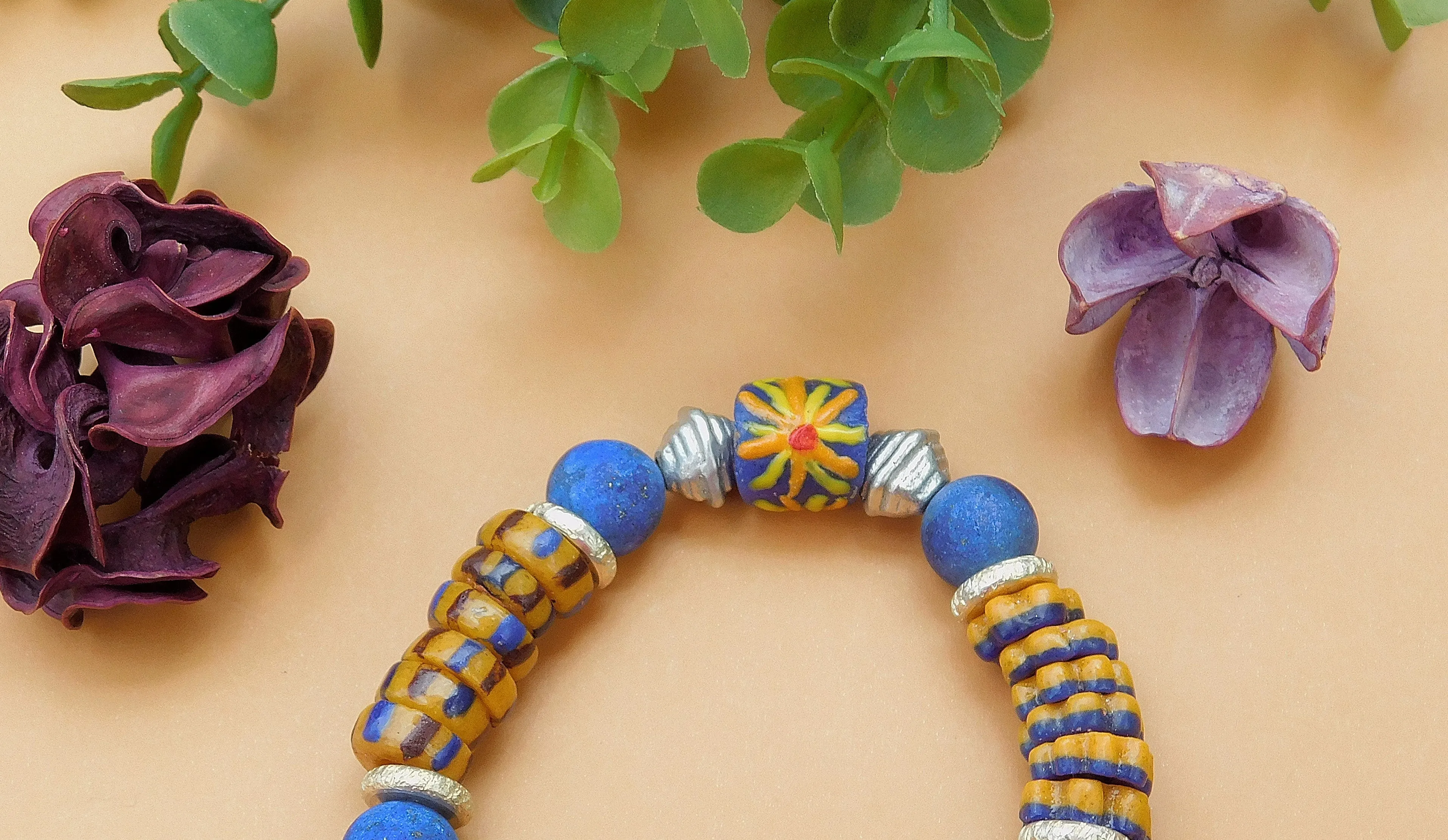 Blue Lapis and Colorful African Sandcast Bracelet