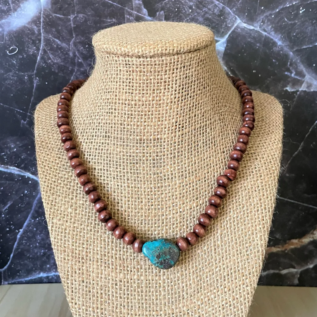 Brown Wood and Turquoise Stone Beaded Mens Necklace