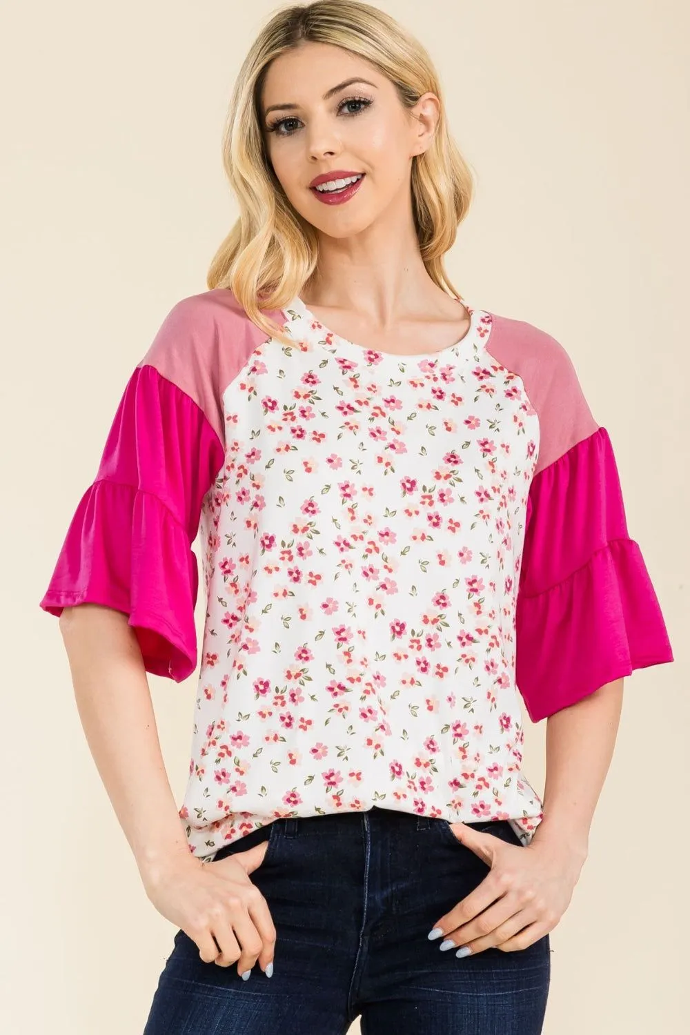 Celeste Full Size Floral Contrast Bell Sleeve Top