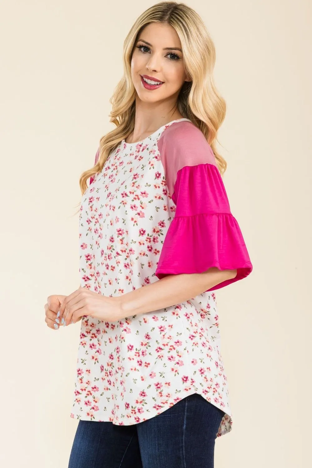 Celeste Full Size Floral Contrast Bell Sleeve Top