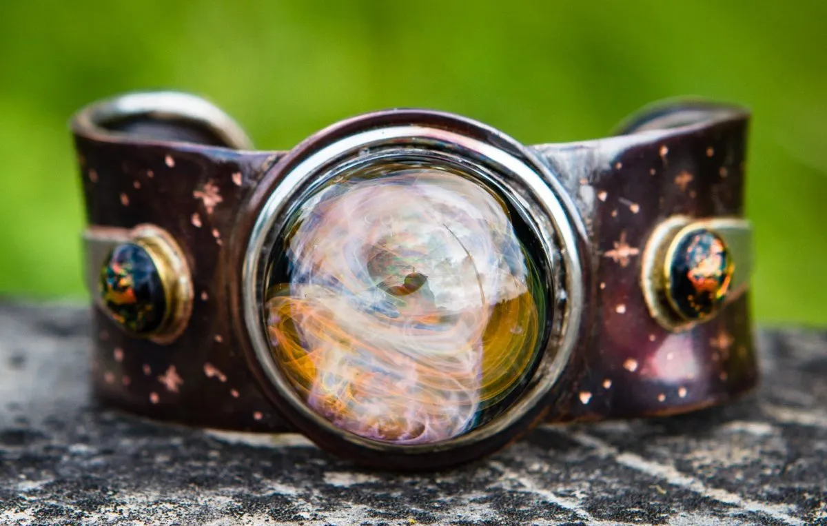 Copper Cosmic Bracelet with Cremation Ash Infused Glass Cabochons