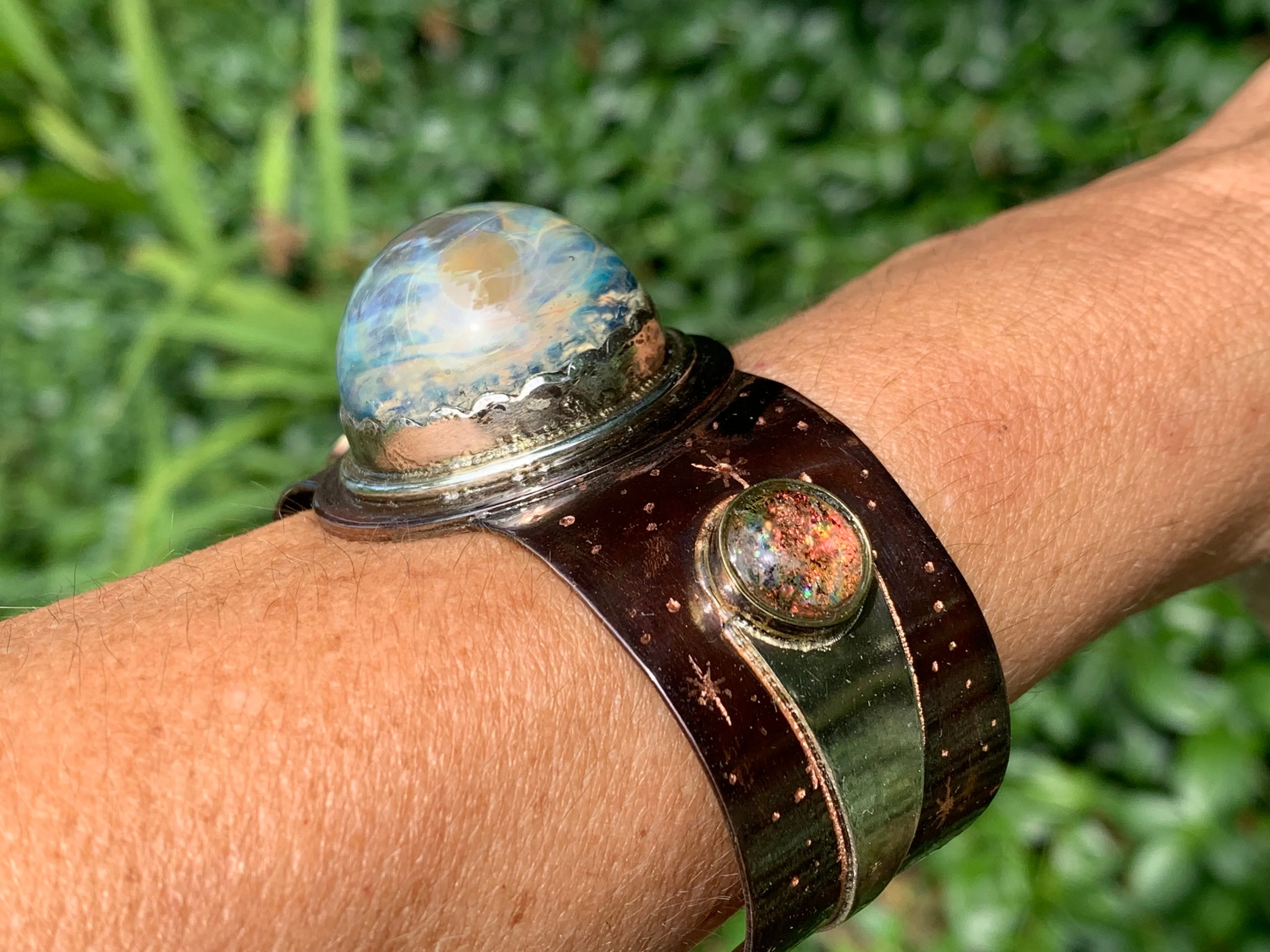 Copper Cosmic Bracelet with Cremation Ash Infused Glass Cabochons