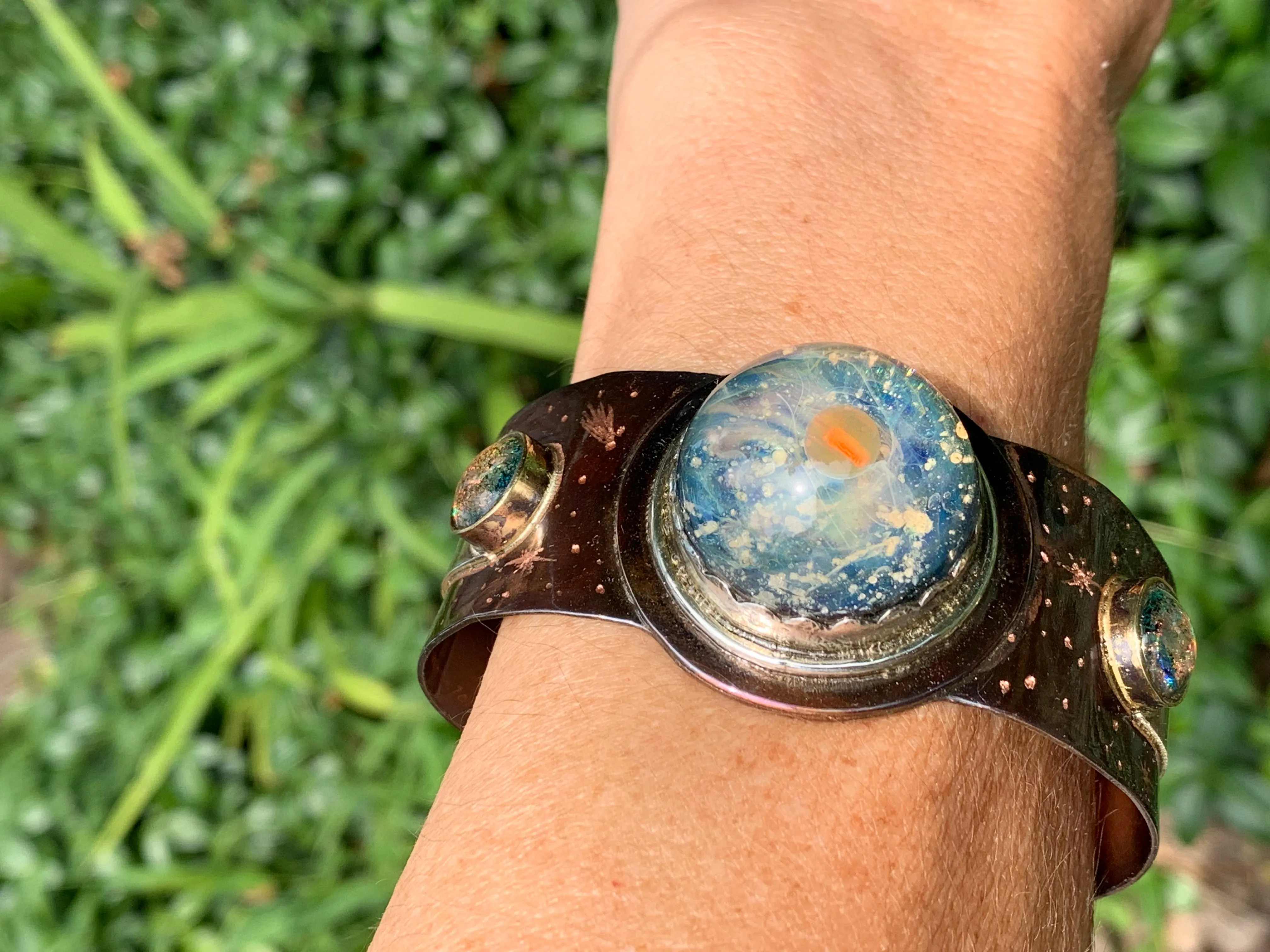 Copper Cosmic Bracelet with Cremation Ash Infused Glass Cabochons