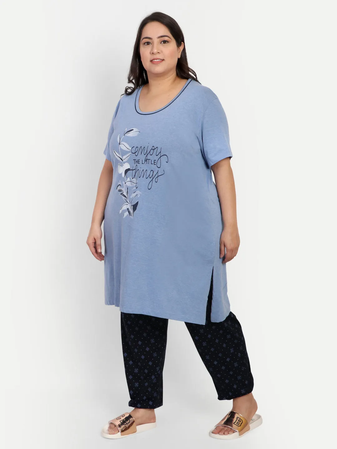 Cotton Nightsuit For Women - Long Top & Pyjama Set - Sky Blue & Black