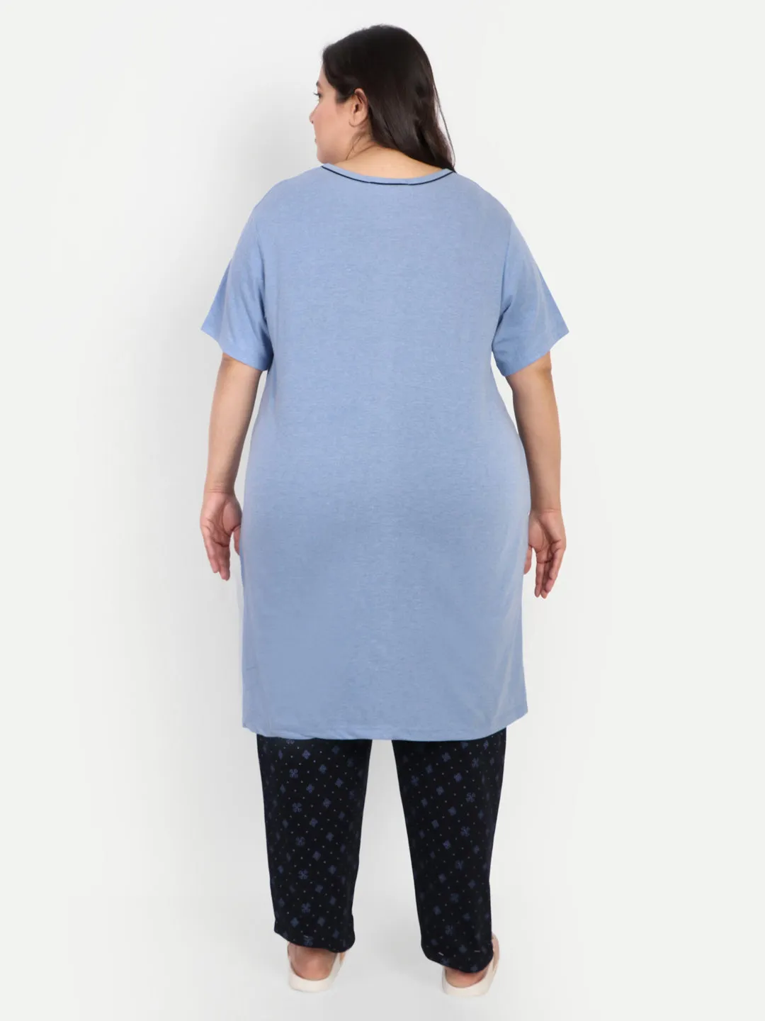 Cotton Nightsuit For Women - Long Top & Pyjama Set - Sky Blue & Black