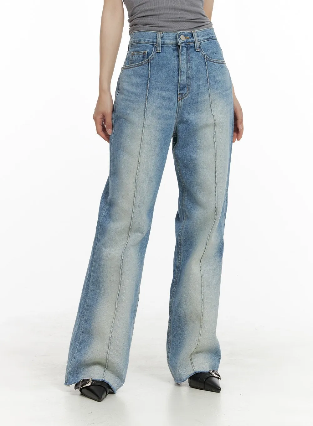 Denim Stitching Wide Fit Straight Jeans CA402