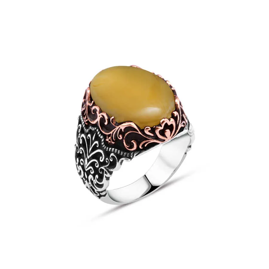 Domic Ellipse Yellow Synthetic Amber Stone Silver Men's Ring with Wavy Pattern Around