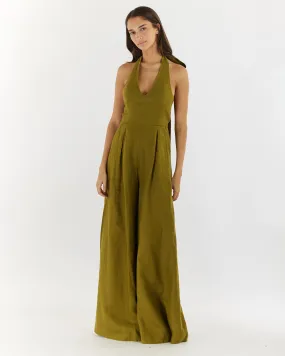 Eloise Linen Halter Jumpsuit - Olive