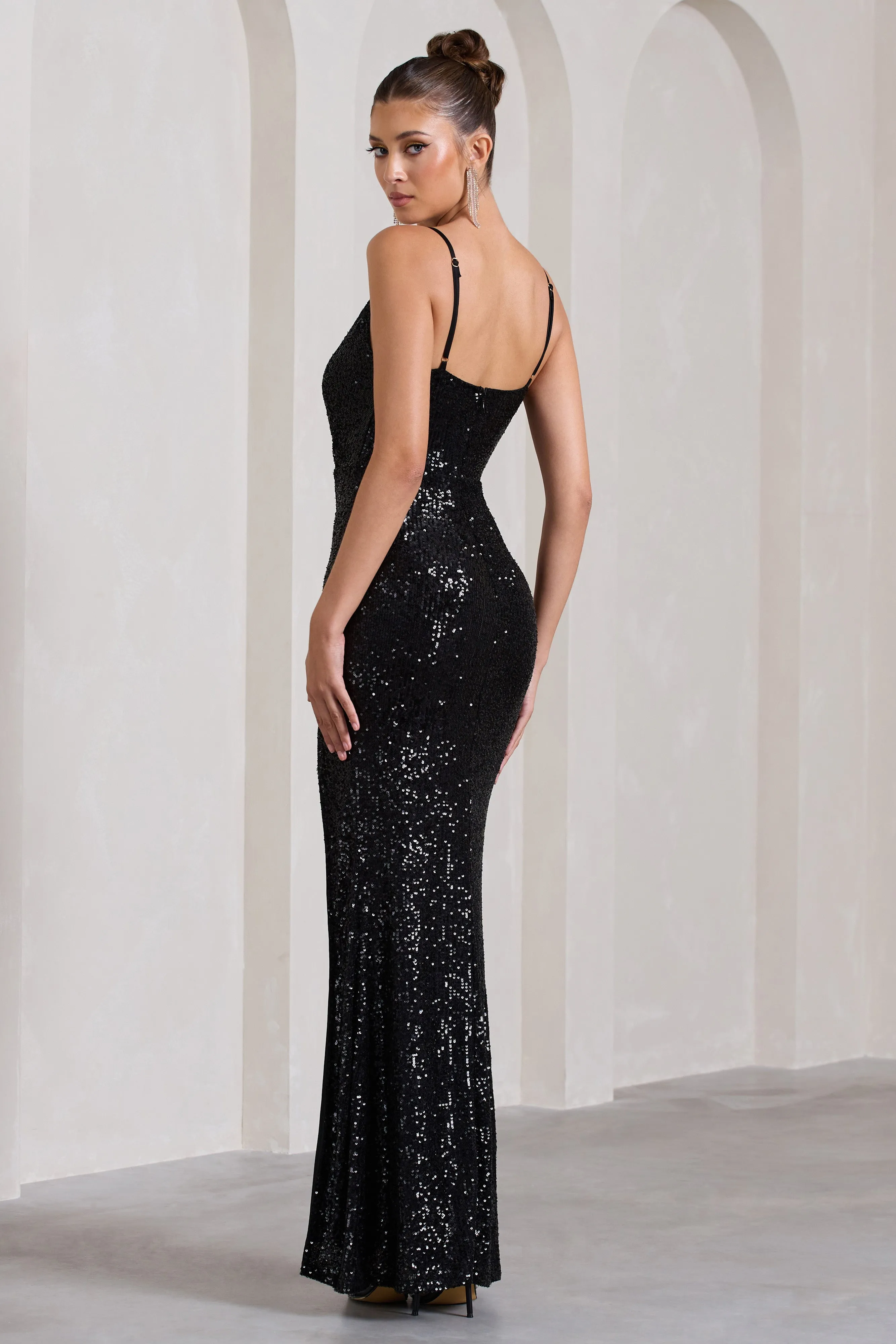 Exquisite | Black Sequin Wrap Front Maxi With Side Split