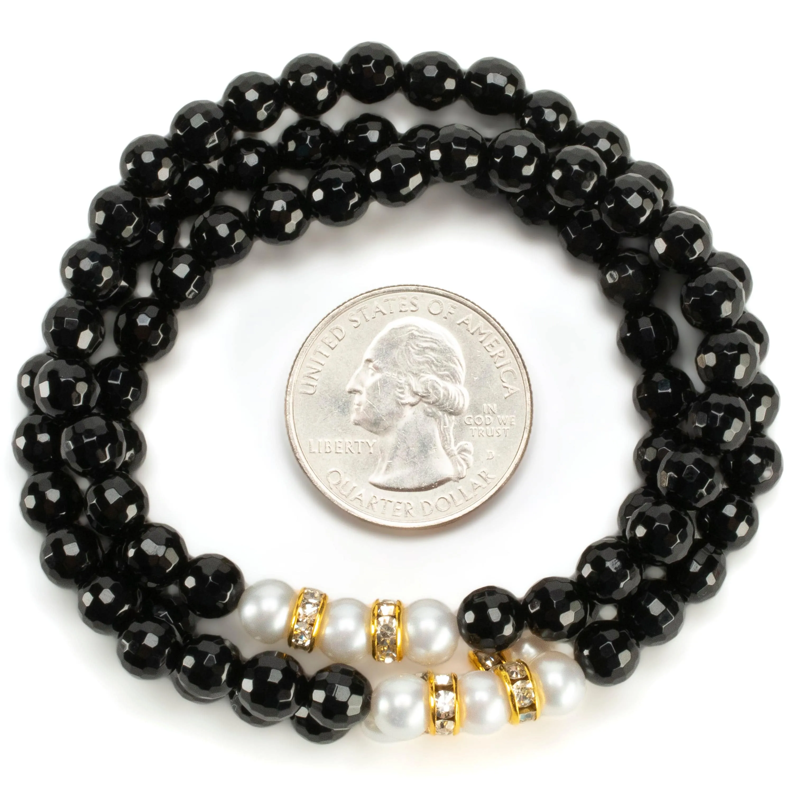 Faceted Black Agate 6mm Beads with Pearl & Gold Accent Beads Triple Wrap Elastic Gemstone Bracelet