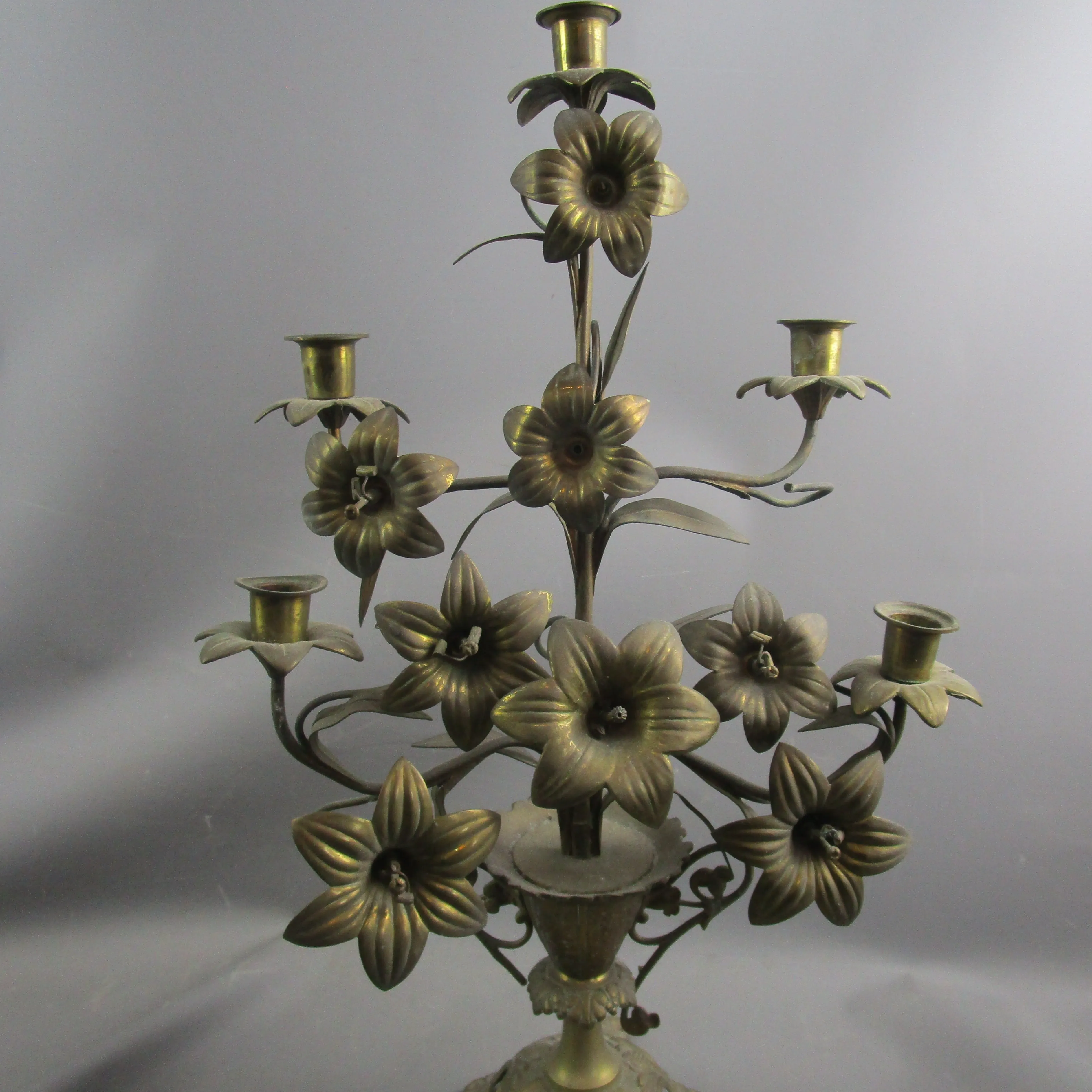 Fancy French Brass Multi Branch Floral Candelabra Antique Victorian c1890