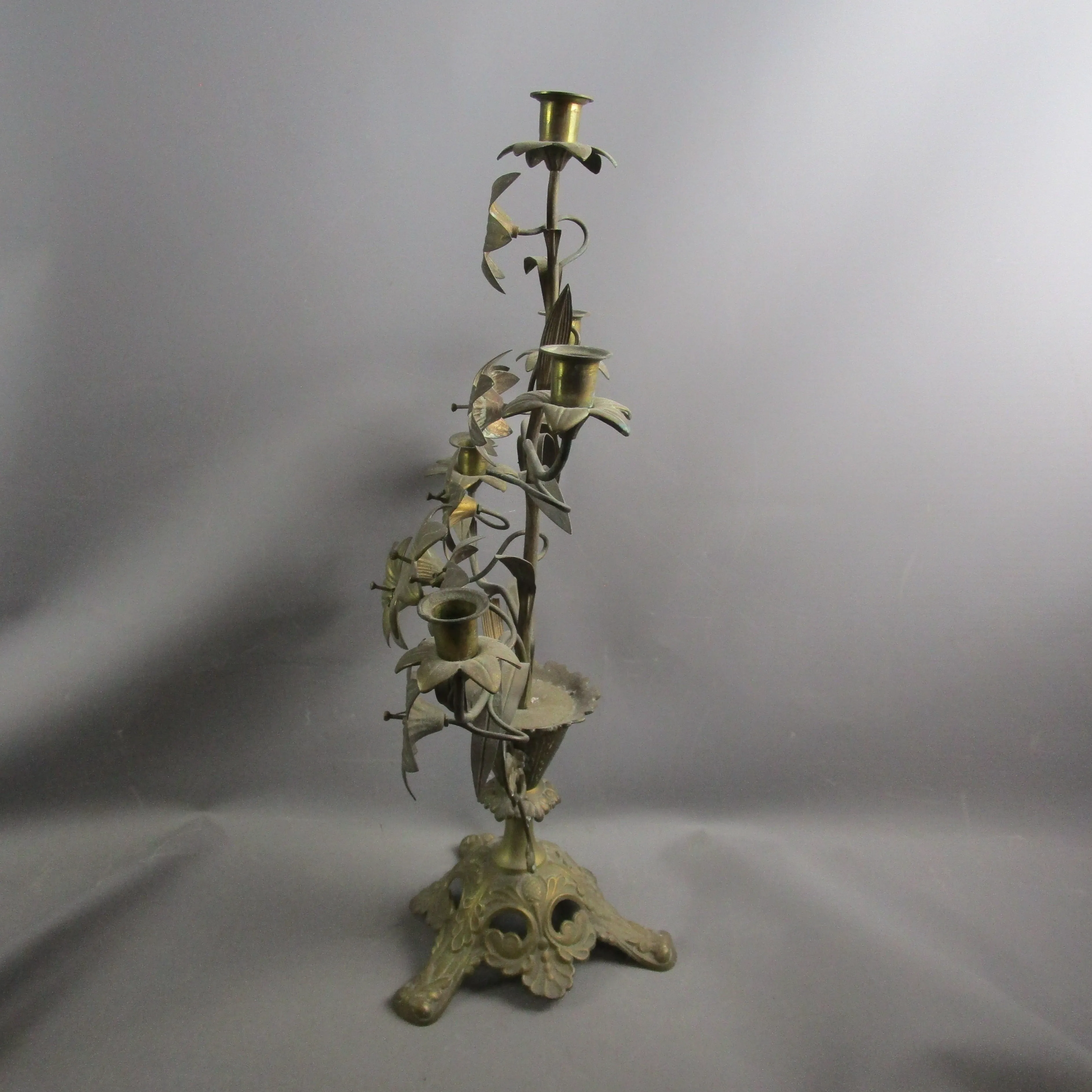 Fancy French Brass Multi Branch Floral Candelabra Antique Victorian c1890