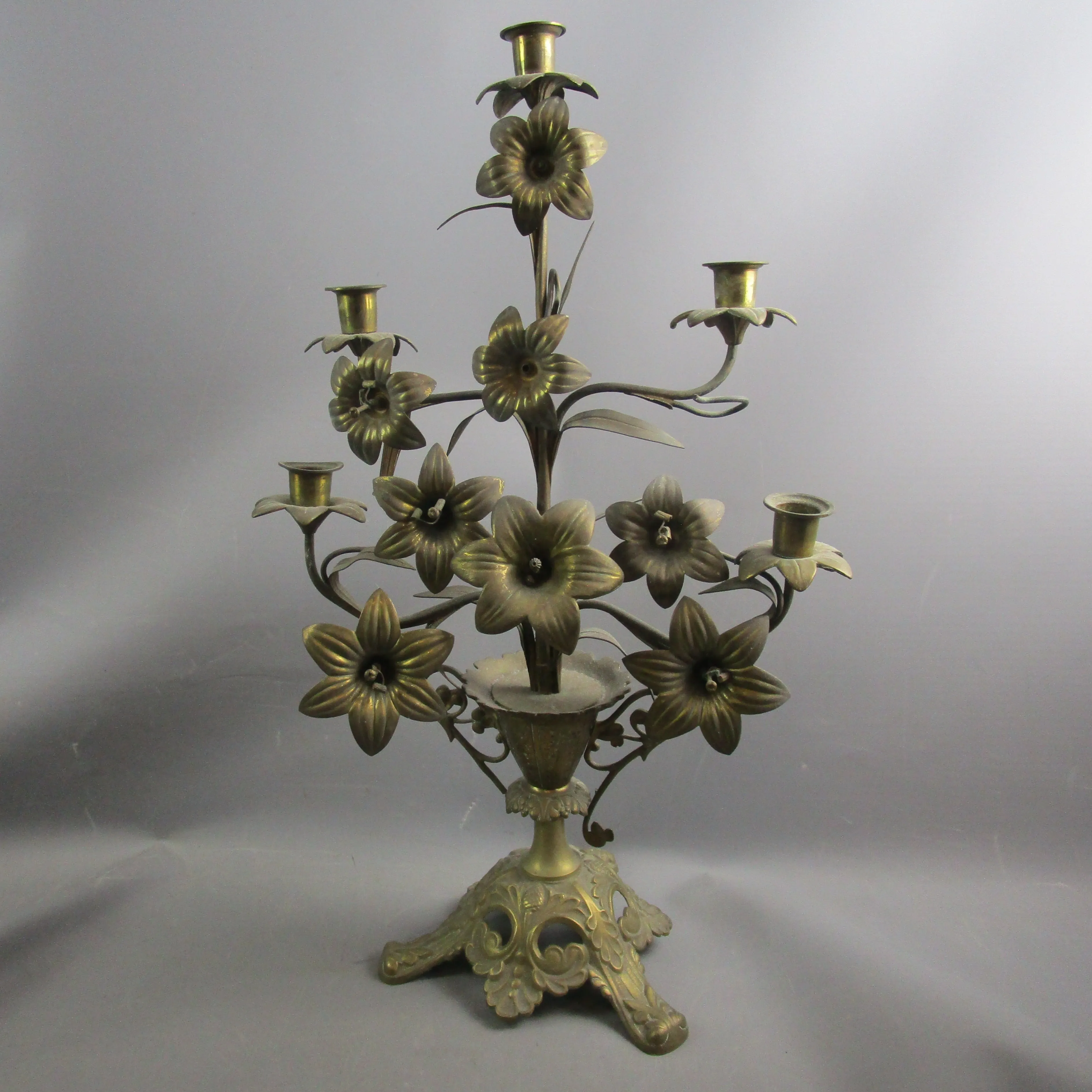 Fancy French Brass Multi Branch Floral Candelabra Antique Victorian c1890