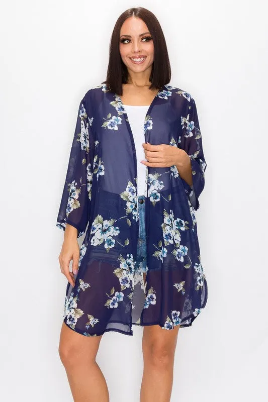 Floral Print Cardigan - Navy