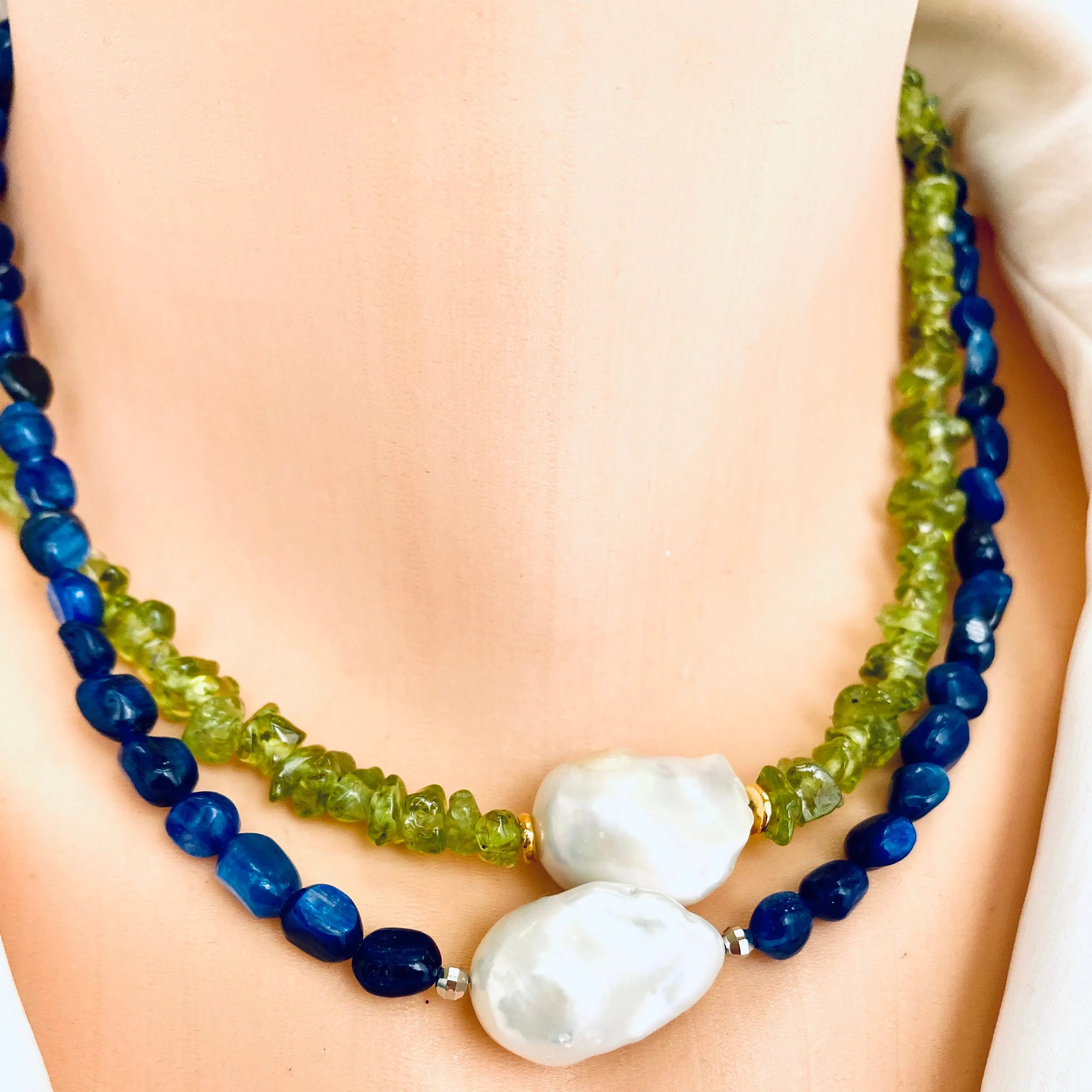 Green Peridot Beaded Necklace with Large Baroque Pearl and Gold Plated Silver Details, 16.5inches, August Birthstone