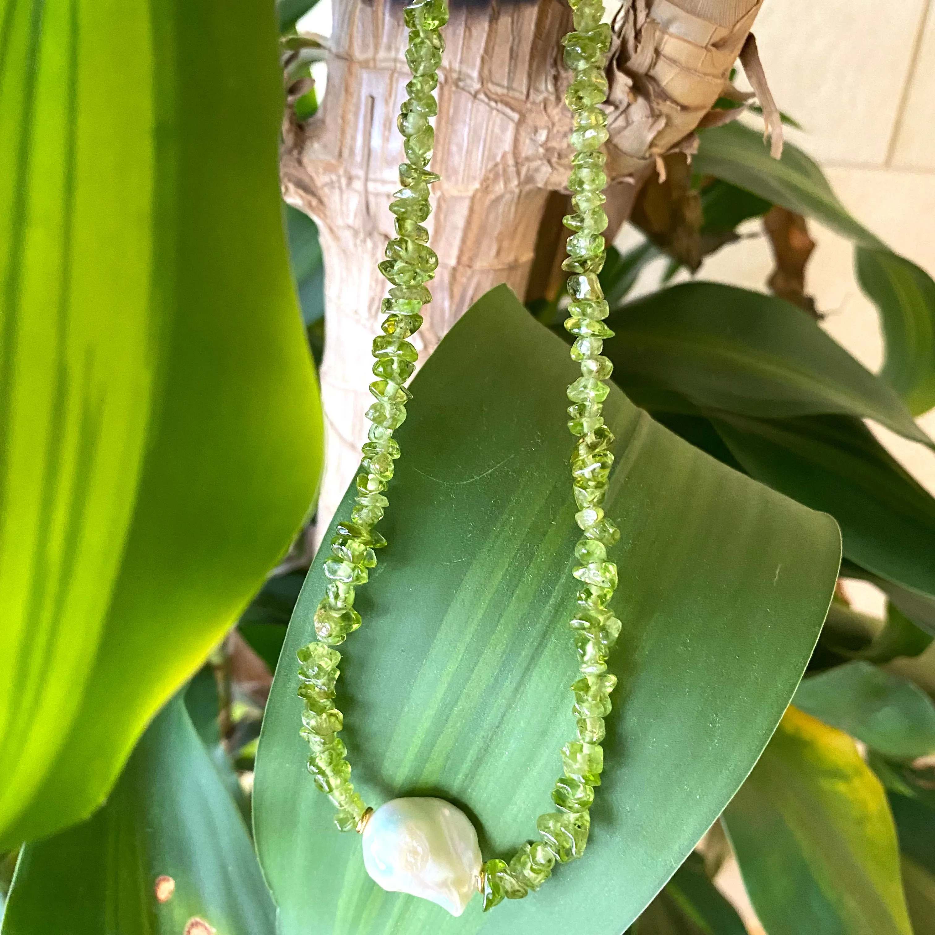 Green Peridot Beaded Necklace with Large Baroque Pearl and Gold Plated Silver Details, 16.5inches, August Birthstone