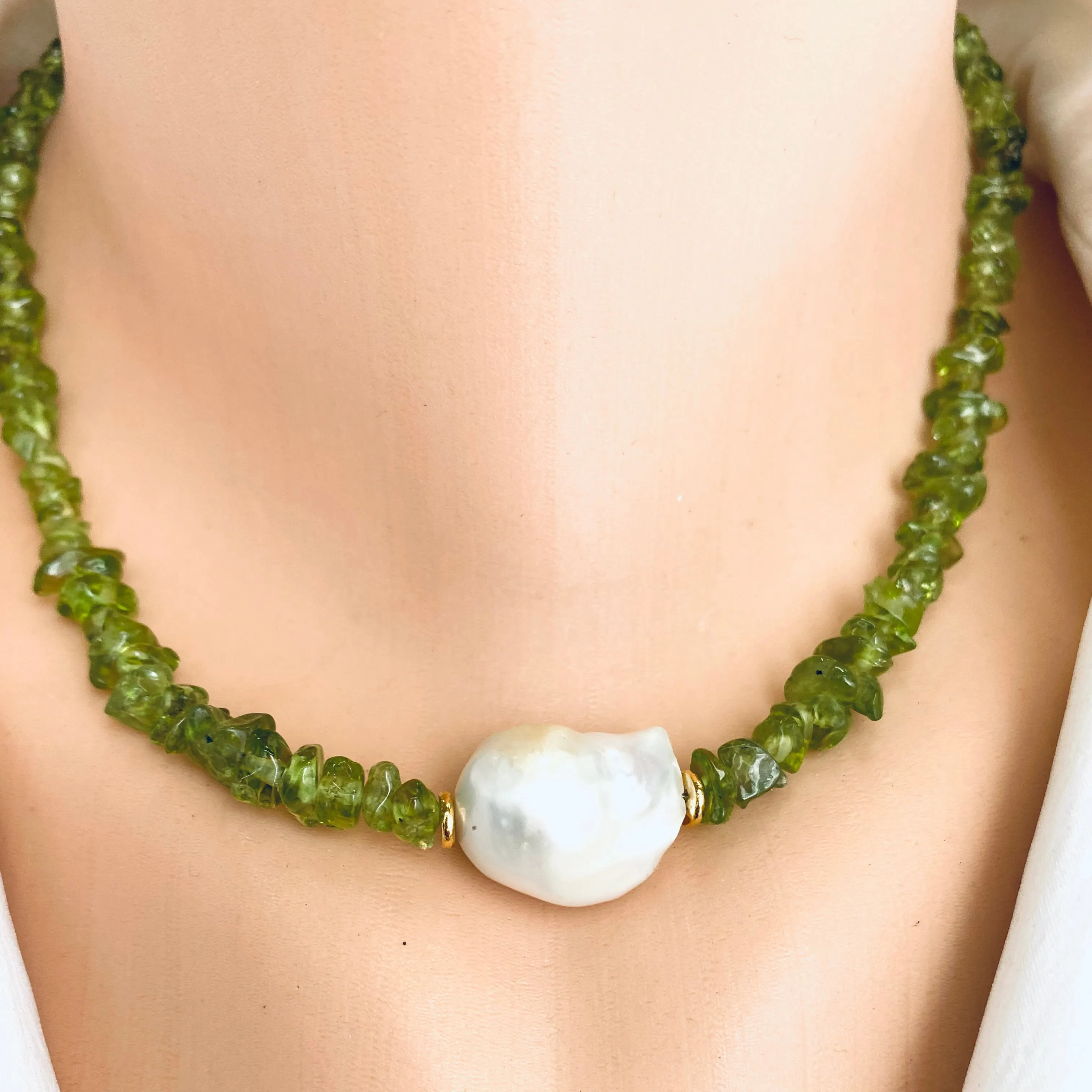 Green Peridot Beaded Necklace with Large Baroque Pearl and Gold Plated Silver Details, 16.5inches, August Birthstone