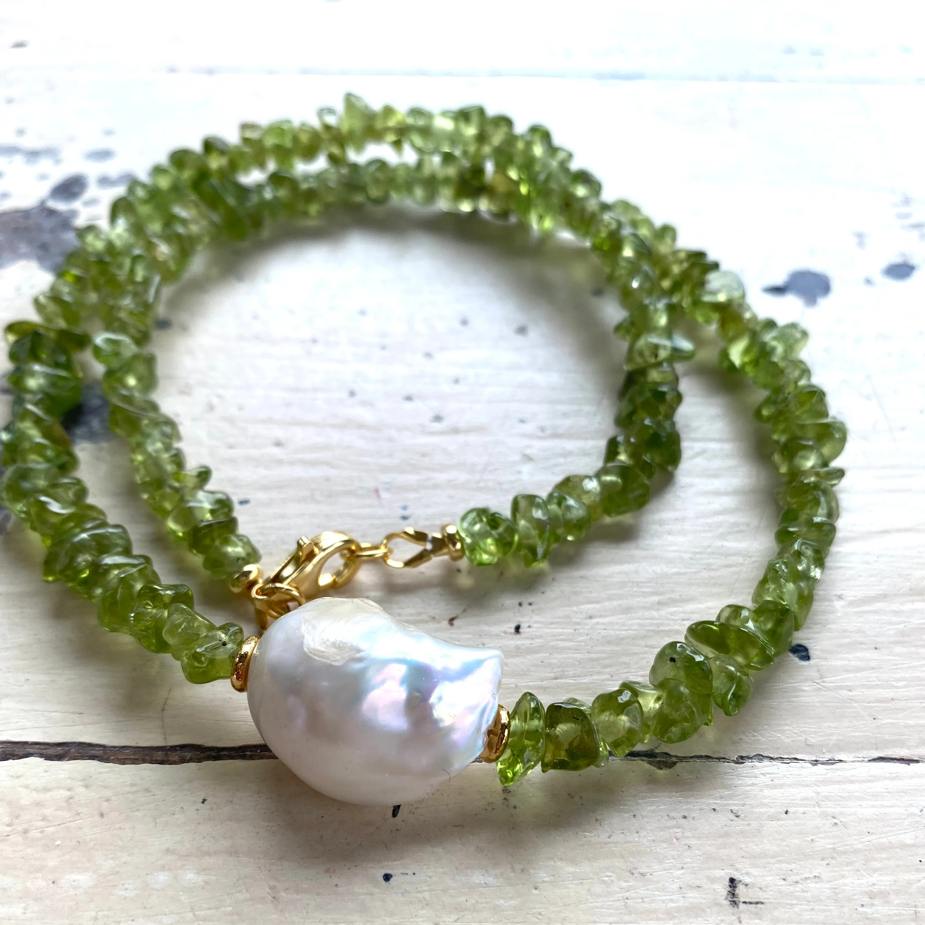 Green Peridot Beaded Necklace with Large Baroque Pearl and Gold Plated Silver Details, 16.5inches, August Birthstone